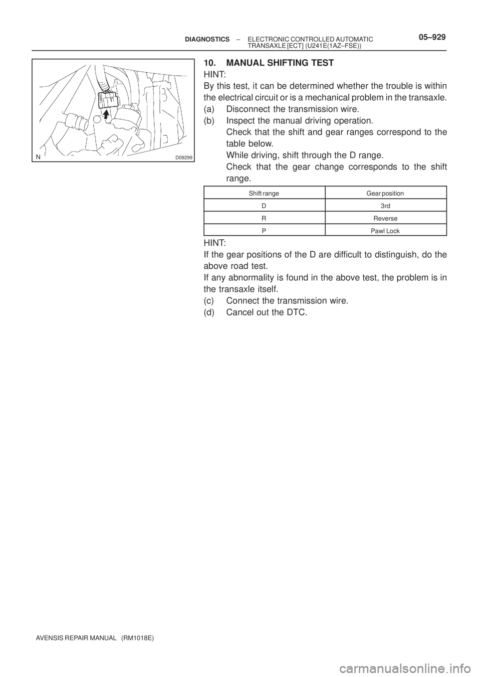 TOYOTA AVENSIS 2005  Service Repair Manual D09299
± DIAGNOSTICSELECTRONIC CONTROLLED AUTOMATIC
TRANSAXLE [ECT] (U241E(1AZ±FSE))05±929
AVENSIS REPAIR MANUAL   (RM1018E)
10. MANUAL SHIFTING TEST
HINT:
By this test, it can be determined whethe