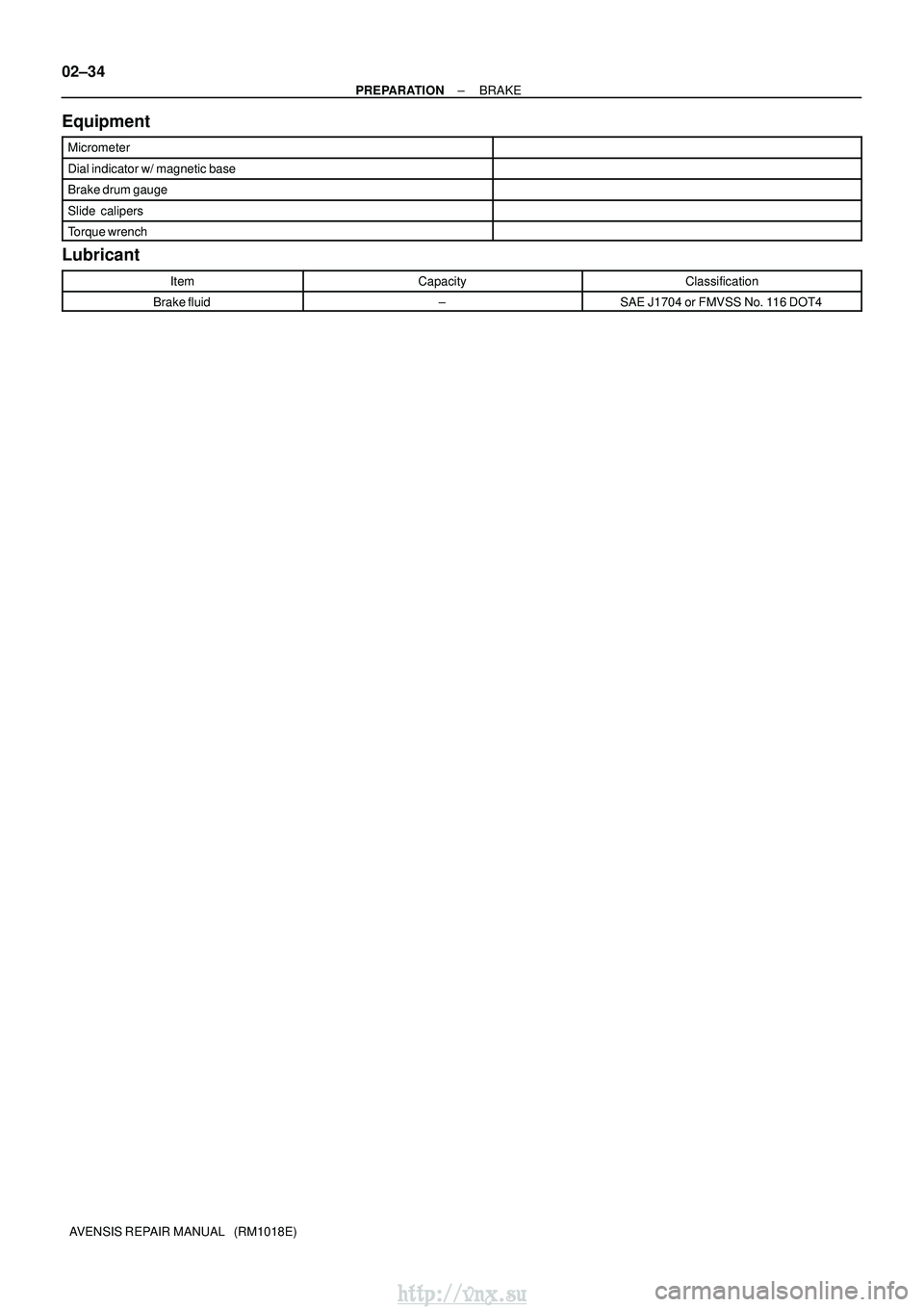 TOYOTA AVENSIS 2003  Service Repair Manual 02±34
±
PREPARATION BRAKE
AVENSIS REPAIR MANUAL   (RM1018E)
Equipment
Micrometer
Dial indicator w/ magnetic base
Brake drum gauge
Slide  calipers
Torque wrench
Lubricant
ItemCapacityClassification
B