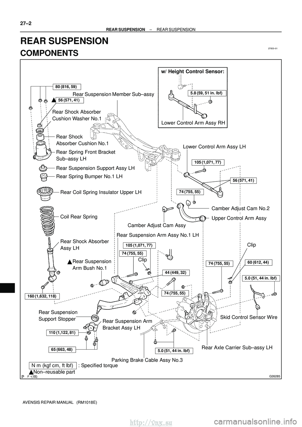 TOYOTA AVENSIS 2003 Service Repair Manual 270E0±01
G26285
w/ Height Control Sensor:
5.8 (59, 51 in.lbf)
80 (816, 59)
Rear Suspension Member Sub±assy
Rear Shock Absorber
Cushion Washer No.1
Coil Rear Spring
Rear Coil Spring Insulator TOYOTA AVENSIS 2003 Service Repair Manual 270E0±01
G26285
w/ Height Control Sensor:
5.8 (59, 51 in.lbf)
80 (816, 59)
Rear Suspension Member Sub±assy
Rear Shock Absorber
Cushion Washer No.1
Coil Rear Spring
Rear Coil Spring Insulator