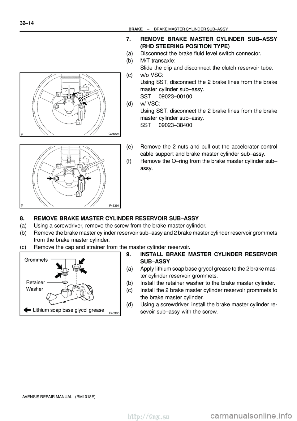 TOYOTA AVENSIS 2003 Service Repair Manual G24225
F45394
F45395Lithium soap base glycol grease
Grommets
Retainer
Washer
32±14
±
BRAKE BRAKE MASTER CYLINDER SUB±ASSY
AVENSIS REPAIR MANUAL (RM1018E)
7. REMOVE BRAKE MASTER CYLINDER SUB±ASSY TOYOTA AVENSIS 2003 Service Repair Manual G24225
F45394
F45395Lithium soap base glycol grease
Grommets
Retainer
Washer
32±14
±
BRAKE BRAKE MASTER CYLINDER SUB±ASSY
AVENSIS REPAIR MANUAL (RM1018E)
7. REMOVE BRAKE MASTER CYLINDER SUB±ASSY