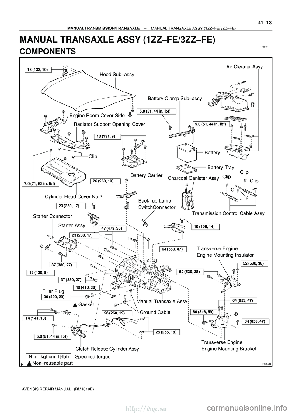 TOYOTA AVENSIS 2003 Service Repair Manual 410DS±01
D30478
Battery Clamp Sub±assyBattery Tray
Charcoal Canister Assy
Battery Carrier
Transmission Control Cable AssyClipAir Cleaner Assy
Hood Sub±assy
Cylinder Head Cover No.2 Starter Assy Bac TOYOTA AVENSIS 2003 Service Repair Manual 410DS±01
D30478
Battery Clamp Sub±assyBattery Tray
Charcoal Canister Assy
Battery Carrier
Transmission Control Cable AssyClipAir Cleaner Assy
Hood Sub±assy
Cylinder Head Cover No.2 Starter Assy Bac