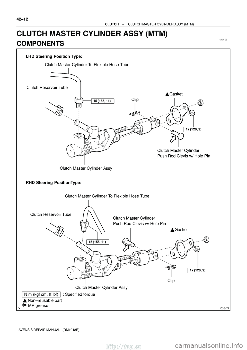 TOYOTA AVENSIS 2003  Service Repair Manual 4202V±03
D30477
LHD Steering Position Type:
RHD Steering PositionType:Clutch Master Cylinder To Flexible Hose Tube
Clutch Reservoir Tube
Clutch Master Cylinder 
Push Rod Clevis w/ Hole Pin
Gasket
Cl