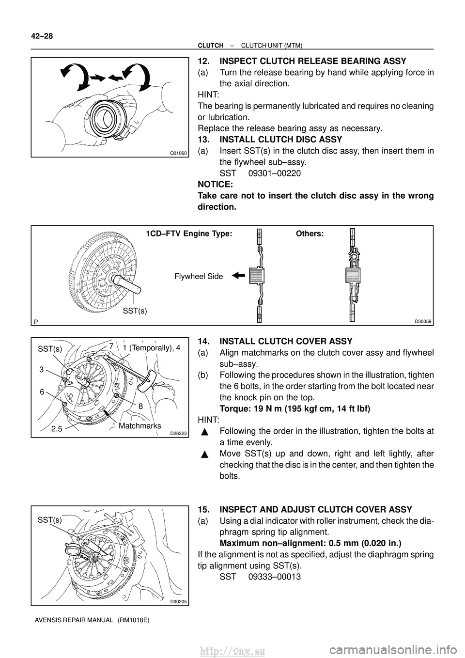 TOYOTA AVENSIS 2003 Service Repair Manual Q01060
D30059
1CD±FTV Engine Type:Others:
Flywheel Side
SST(s)
D26323
SST(s)
Matchmarks
7
1 (Temporally), 4
3
6
2.5 8
D00205
SST(s)
42±28
±
CLUTCH CLUTCH UNIT (MTM)
AVENSIS REPAIR MANUAL (RM1018E TOYOTA AVENSIS 2003 Service Repair Manual Q01060
D30059
1CD±FTV Engine Type:Others:
Flywheel Side
SST(s)
D26323
SST(s)
Matchmarks
7
1 (Temporally), 4
3
6
2.5 8
D00205
SST(s)
42±28
±
CLUTCH CLUTCH UNIT (MTM)
AVENSIS REPAIR MANUAL (RM1018E