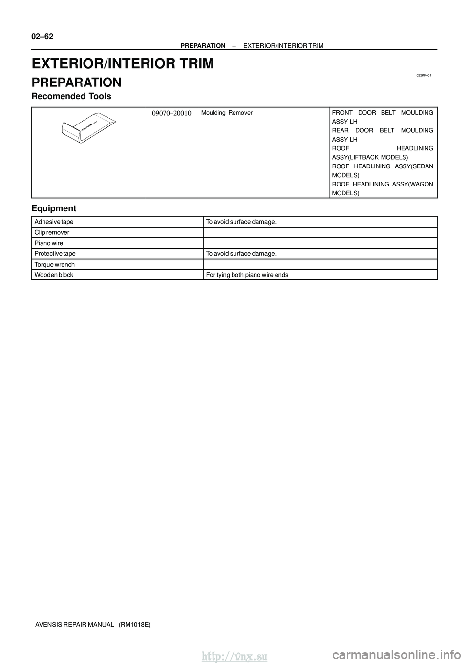 TOYOTA AVENSIS 2003  Service Repair Manual 022KP±01
02±62
±
PREPARATION EXTERIOR/INTERIOR TRIM
AVENSIS REPAIR MANUAL   (RM1018E)
EXTERIOR/INTERIOR TRIM
PREPARATION
Recomended Tools
09070±20010Moulding  RemoverFRONT  DOOR BELT  MOULDING
ASS