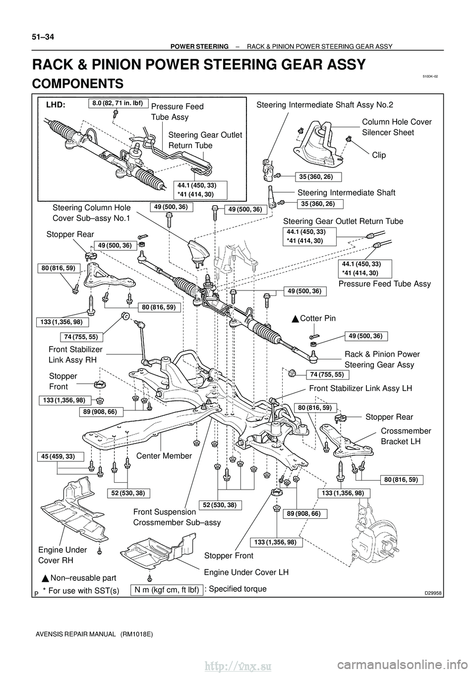 TOYOTA AVENSIS 2003 Service Repair Manual 510DK±02
D29958
LHD:Pressure Feed
Tube Assy8.0 (82, 71 in.lbf)
Steering Gear Outlet
Return Tube
44.1 (450, 33)
*41 (414, 30)
Steering Intermediate Shaft Assy No.2
35 (360, 26)
Steering Intermediate TOYOTA AVENSIS 2003 Service Repair Manual 510DK±02
D29958
LHD:Pressure Feed
Tube Assy8.0 (82, 71 in.lbf)
Steering Gear Outlet
Return Tube
44.1 (450, 33)
*41 (414, 30)
Steering Intermediate Shaft Assy No.2
35 (360, 26)
Steering Intermediate