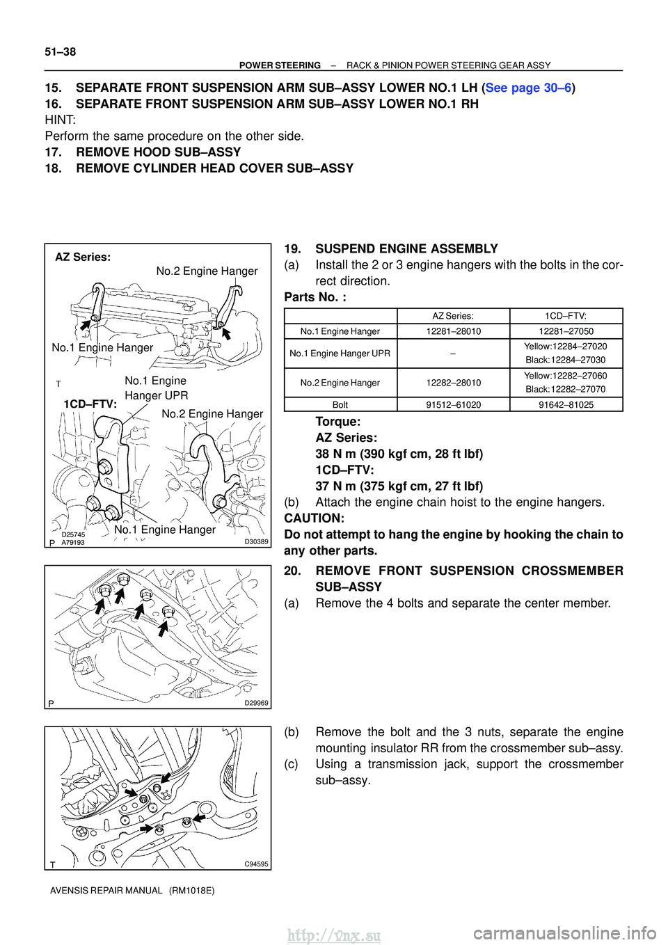 TOYOTA AVENSIS 2003 Service Repair Manual \bD30389
AZ Series:1CD±FTV:
No.1 Engine Hanger
No.2 Engine Hanger
No.1 Engine Hanger
No.2 Engine Hanger
No.1 Engine
Hanger UPR
D29969
C94595
51±38
±
POWER STEERING RACK & PINION POWER ST TOYOTA AVENSIS 2003 Service Repair Manual \bD30389
AZ Series:1CD±FTV:
No.1 Engine Hanger
No.2 Engine Hanger
No.1 Engine Hanger
No.2 Engine Hanger
No.1 Engine
Hanger UPR
D29969
C94595
51±38
±
POWER STEERING RACK & PINION POWER ST