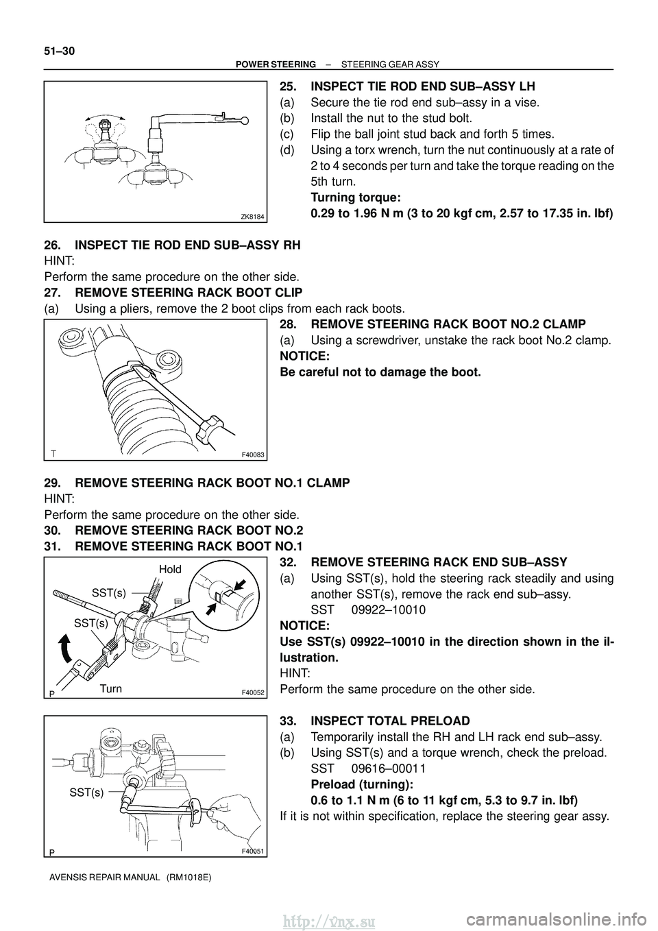 TOYOTA AVENSIS 2003 Service Repair Manual ZK8184
F40083
F40052
SST(s)
SST(s) Hold
Turn
F40051
SST(s)
51±30
±
POWER STEERING STEERING GEAR ASSY
AVENSIS REPAIR MANUAL (RM1018E)
25. INSPECT TIE ROD END SUB±ASSY LH
(a) Secure the tie rod end TOYOTA AVENSIS 2003 Service Repair Manual ZK8184
F40083
F40052
SST(s)
SST(s) Hold
Turn
F40051
SST(s)
51±30
±
POWER STEERING STEERING GEAR ASSY
AVENSIS REPAIR MANUAL (RM1018E)
25. INSPECT TIE ROD END SUB±ASSY LH
(a) Secure the tie rod end