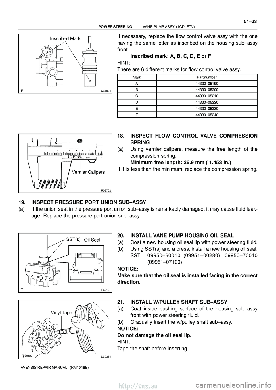TOYOTA AVENSIS 2003 Service Repair Manual D31004
Inscribed Mark
R08702
Vernier Calipers
F42121
SST(s)Oil Seal
D30334
Vinyl Tape
±
POWER STEERING VANE PUMP ASSY (1CD±FTV)
51±23
AVENSIS REPAIR MANUAL (RM1018E)
If necessary, replace t TOYOTA AVENSIS 2003 Service Repair Manual D31004
Inscribed Mark
R08702
Vernier Calipers
F42121
SST(s)Oil Seal
D30334
Vinyl Tape
±
POWER STEERING VANE PUMP ASSY (1CD±FTV)
51±23
AVENSIS REPAIR MANUAL (RM1018E)
If necessary, replace t