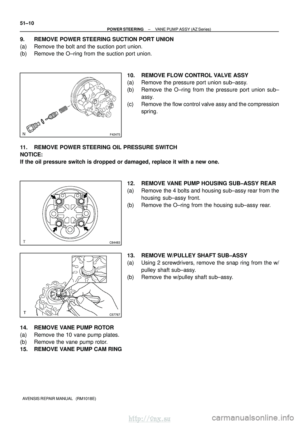 TOYOTA AVENSIS 2003 Service Repair Manual F42475
C84483
C57767
51±10
±
POWER STEERING VANE PUMP ASSY (AZ Series)
AVENSIS REPAIR MANUAL (RM1018E)
9. REMOVE POWER STEERING SUCTION PORT UNION
(a) Remove the bolt and the suction port union.
( TOYOTA AVENSIS 2003 Service Repair Manual F42475
C84483
C57767
51±10
±
POWER STEERING VANE PUMP ASSY (AZ Series)
AVENSIS REPAIR MANUAL (RM1018E)
9. REMOVE POWER STEERING SUCTION PORT UNION
(a) Remove the bolt and the suction port union.
(
