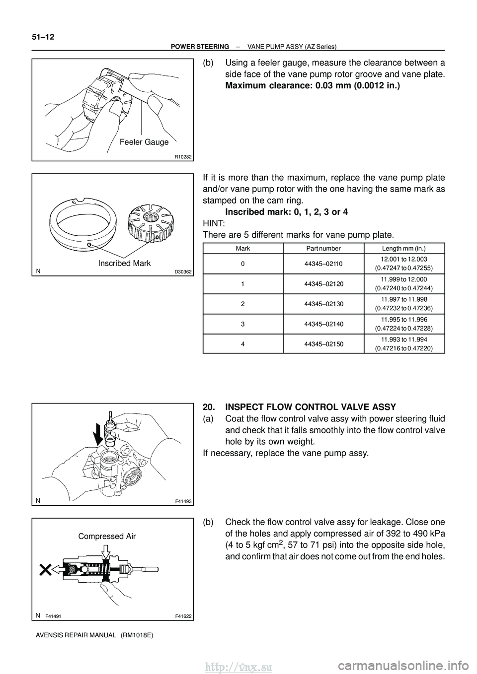 TOYOTA AVENSIS 2003 Service Repair Manual R10282
Feeler Gauge
D30362Inscribed Mark
F41493
F41622
Compressed Air
51±12
±
POWER STEERING VANE PUMP ASSY (AZ Series)
AVENSIS REPAIR MANUAL (RM1018E)
(b) Using a feeler gauge, measure the TOYOTA AVENSIS 2003 Service Repair Manual R10282
Feeler Gauge
D30362Inscribed Mark
F41493
F41622
Compressed Air
51±12
±
POWER STEERING VANE PUMP ASSY (AZ Series)
AVENSIS REPAIR MANUAL (RM1018E)
(b) Using a feeler gauge, measure the