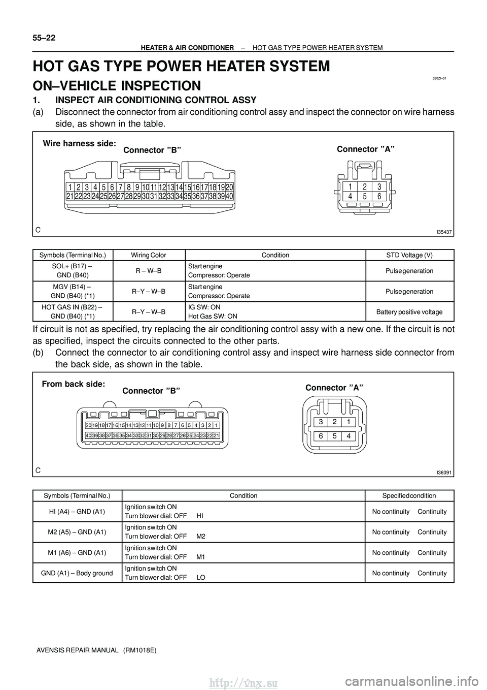 TOYOTA AVENSIS 2003 Service Repair Manual 550ZI±01
I35437
Connector ºBº
Wire harness side:
Connector ºAº
I36091
Connector ºBº
From back side:
Connector ºAº
55±22
±
HEATER & AIR CONDITIONER HOT GAS TYPE POWER HEATER SYSTEM
AVENSIS R TOYOTA AVENSIS 2003 Service Repair Manual 550ZI±01
I35437
Connector ºBº
Wire harness side:
Connector ºAº
I36091
Connector ºBº
From back side:
Connector ºAº
55±22
±
HEATER & AIR CONDITIONER HOT GAS TYPE POWER HEATER SYSTEM
AVENSIS R