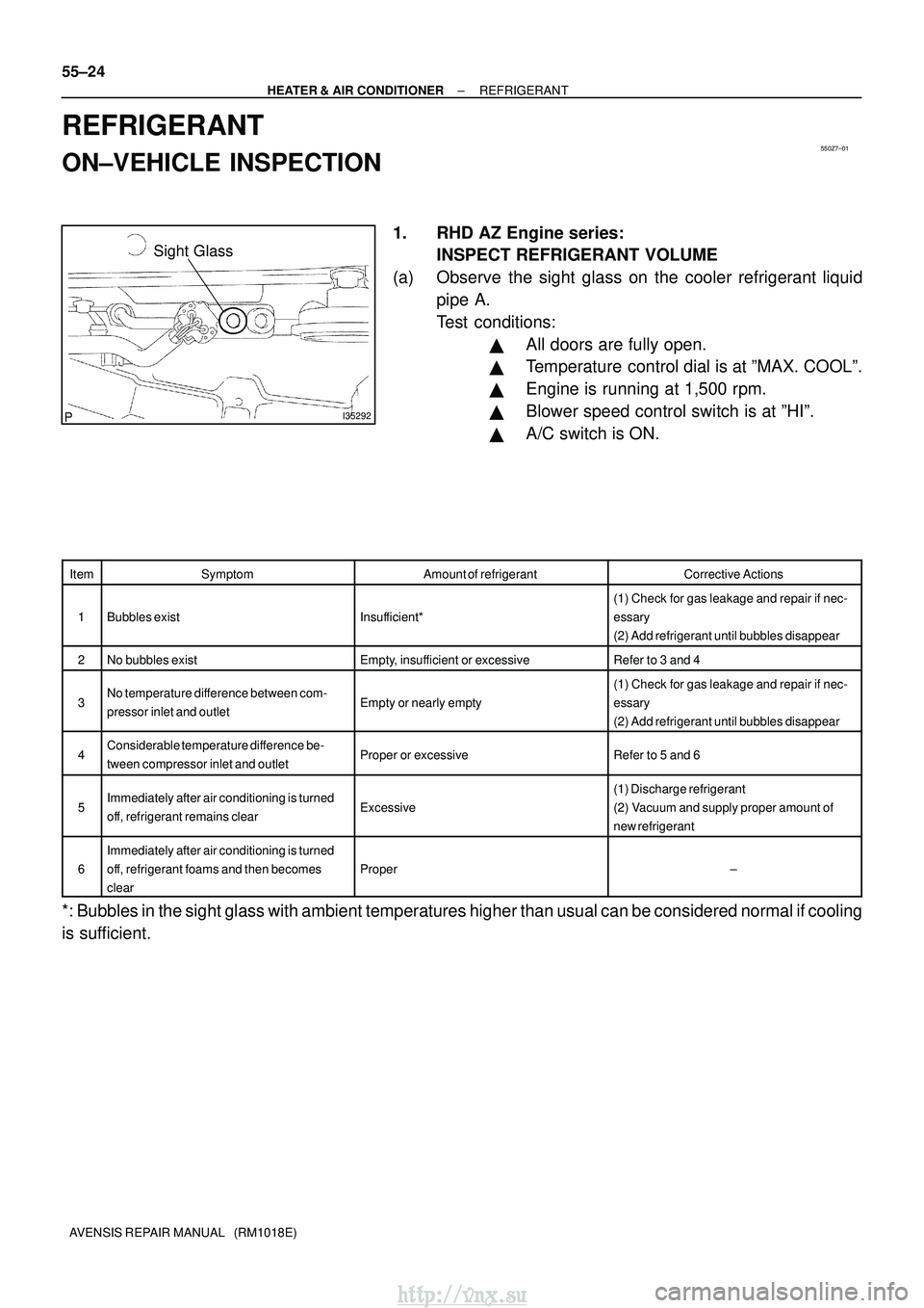 TOYOTA AVENSIS 2003 Service Repair Manual 550Z7±01
I35292
Sight Glass
55±24
±
HEATER & AIR CONDITIONER REFRIGERANT
AVENSIS REPAIR MANUAL (RM1018E)
REFRIGERANT
ON±VEHICLE INSPECTION
1. RHD AZ Engine series: INSPECT REFRIGERANT VOLUME
(a) TOYOTA AVENSIS 2003 Service Repair Manual 550Z7±01
I35292
Sight Glass
55±24
±
HEATER & AIR CONDITIONER REFRIGERANT
AVENSIS REPAIR MANUAL (RM1018E)
REFRIGERANT
ON±VEHICLE INSPECTION
1. RHD AZ Engine series: INSPECT REFRIGERANT VOLUME
(a)