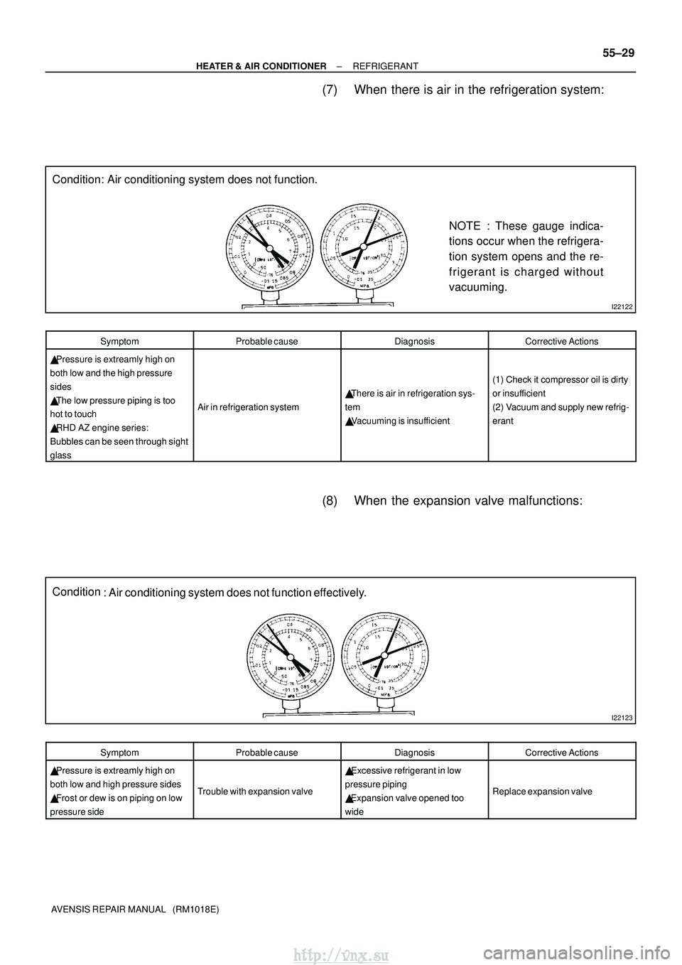 TOYOTA AVENSIS 2003 Service Repair Manual I22122
Condition: Air conditioning system does not function.NOTE : These gauge indica-
tions occur when the refrigera-
tion system opens and the re-
frigerant is charged without
vacuuming.
I22123
Cond TOYOTA AVENSIS 2003 Service Repair Manual I22122
Condition: Air conditioning system does not function.NOTE : These gauge indica-
tions occur when the refrigera-
tion system opens and the re-
frigerant is charged without
vacuuming.
I22123
Cond