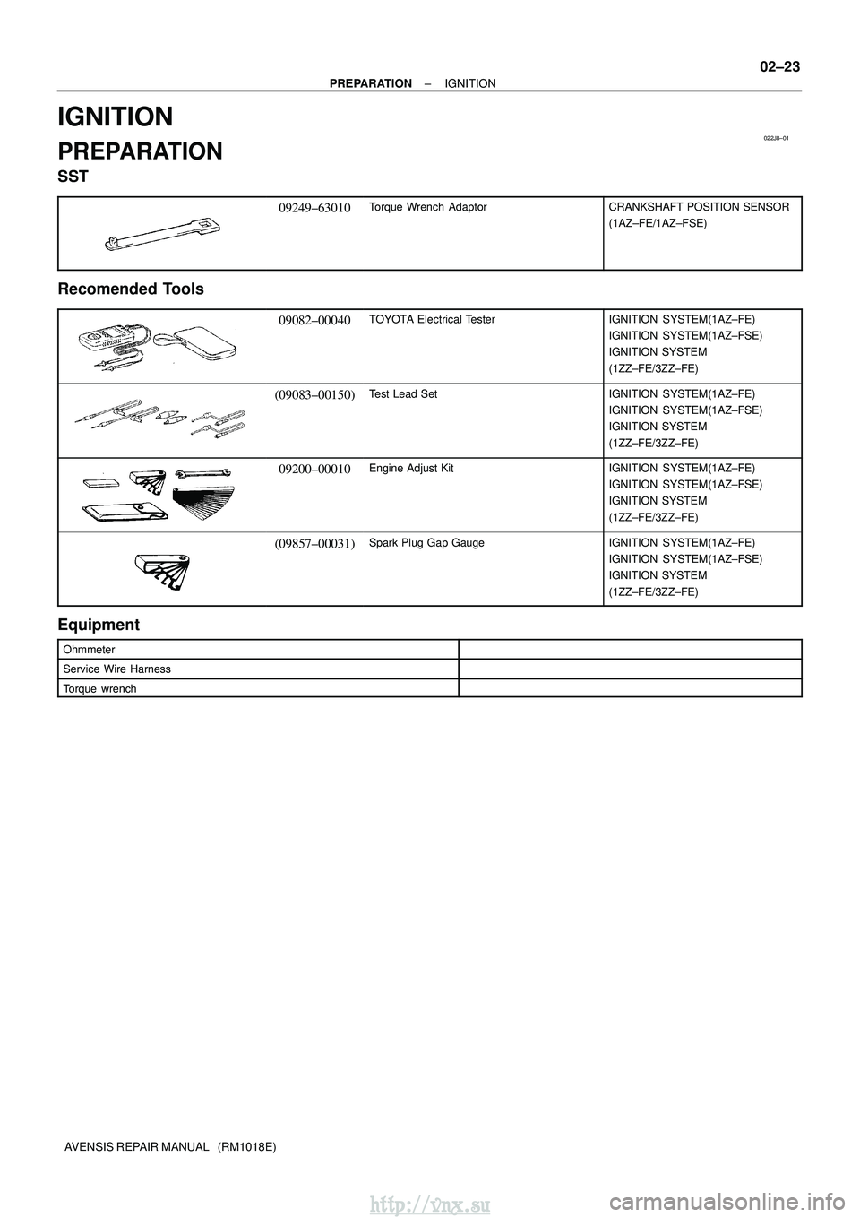 TOYOTA AVENSIS 2003  Service Repair Manual 022J8±01
±
PREPARATION IGNITION
02±23
AVENSIS REPAIR MANUAL   (RM1018E)
IGNITION
PREPARATION
SST
09249±63010Torque Wrench  AdaptorCRANKSHAFT POSITION SENSOR
(1AZ±FE/1AZ±FSE)
Recomended Tools
090