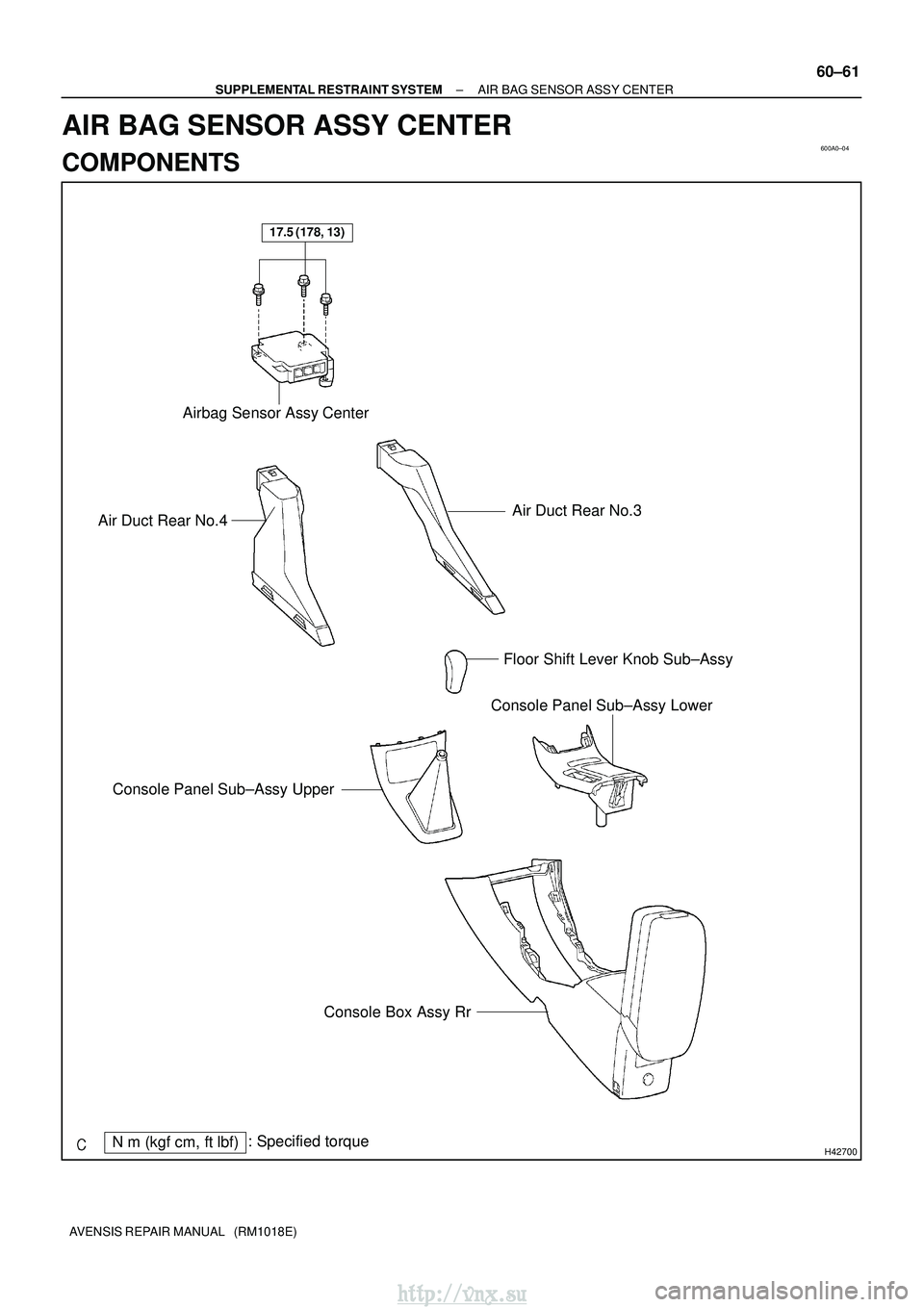 TOYOTA AVENSIS 2003  Service Repair Manual 600A0±04
H42700Nm (kgf cm, ftlbf): Specified torque
Floor Shift Lever Knob Sub±Assy
Console Panel Sub±Assy Upper
Console Panel Sub±Assy Lower
Console Box Assy Rr
Air Duct Rear No.3Air Duct Rear