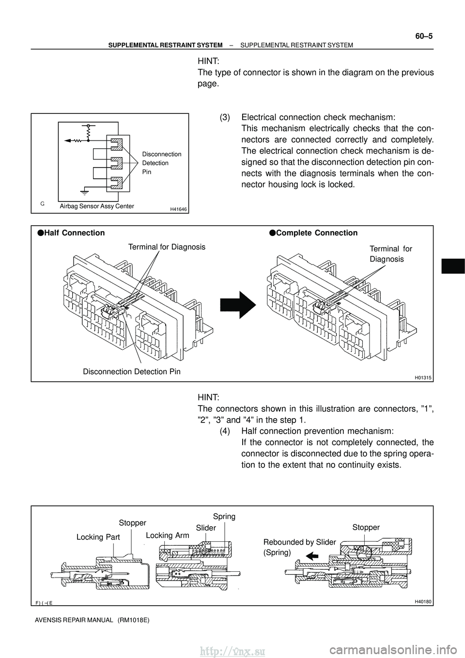 TOYOTA AVENSIS 2003 Service Repair Manual H41646
Disconnection
Detection
Pin
Airbag Sensor Assy Center
H01315
Terminal for Diagnosis
Disconnection Detection Pin
Half Connection Complete Connection
Terminal for
Diagnosis
H40180
Stopp TOYOTA AVENSIS 2003 Service Repair Manual H41646
Disconnection
Detection
Pin
Airbag Sensor Assy Center
H01315
Terminal for Diagnosis
Disconnection Detection Pin
Half Connection Complete Connection
Terminal for
Diagnosis
H40180
Stopp