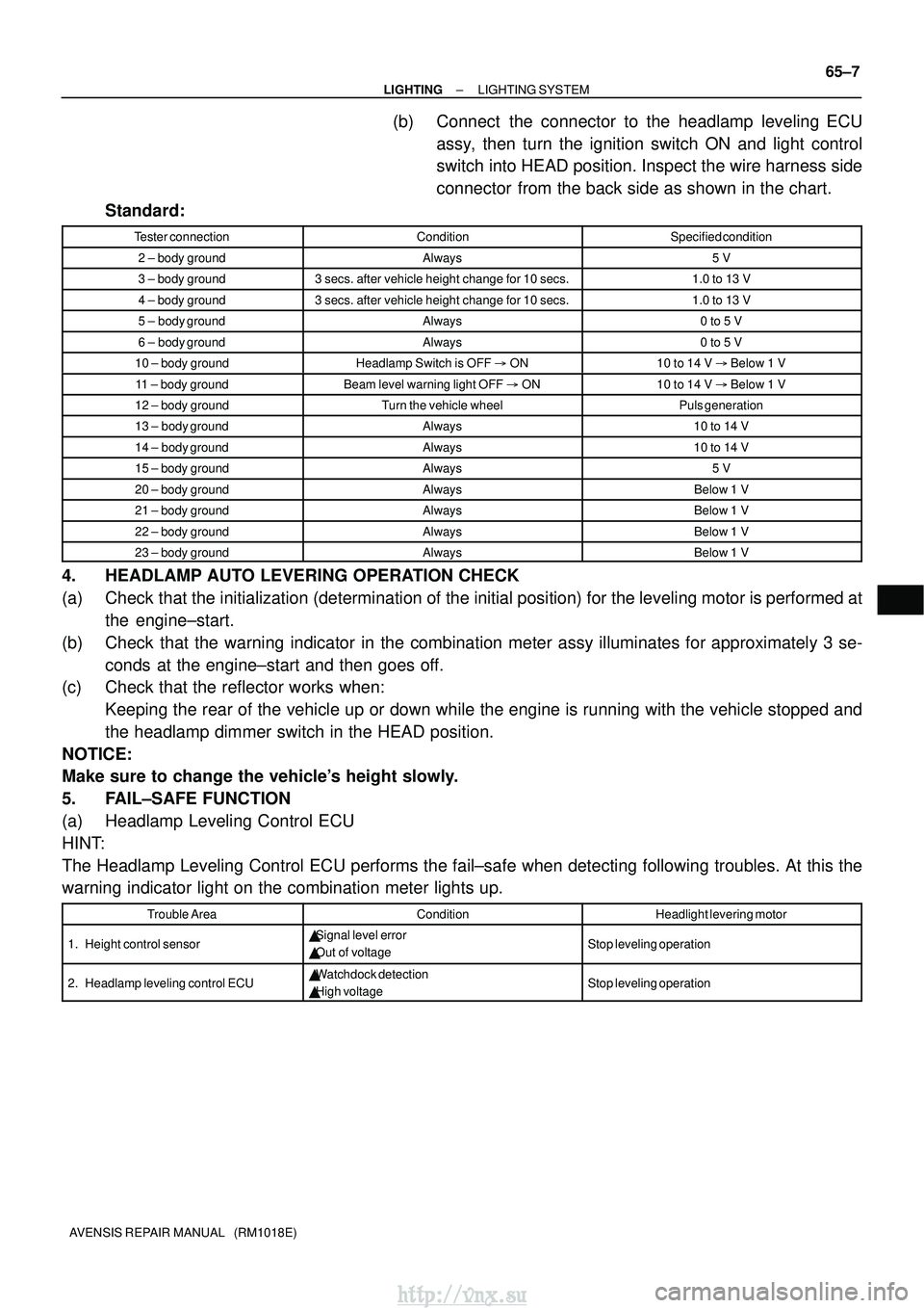 TOYOTA AVENSIS 2003 Service Repair Manual ±
LIGHTING LIGHTING SYSTEM
65±7
AVENSIS REPAIR MANUAL (RM1018E)
(b) Connect the connector to the headlamp leveling ECU
assy, then turn the ignition switch ON and light control
switch into HEAD po TOYOTA AVENSIS 2003 Service Repair Manual ±
LIGHTING LIGHTING SYSTEM
65±7
AVENSIS REPAIR MANUAL (RM1018E)
(b) Connect the connector to the headlamp leveling ECU
assy, then turn the ignition switch ON and light control
switch into HEAD po