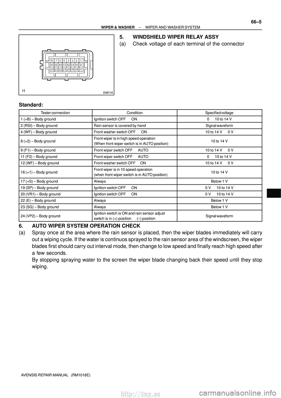 TOYOTA AVENSIS 2003 Service Repair Manual E68116
±
WIPER & WASHER WIPER AND WASHER SYSTEM
66±5
AVENSIS REPAIR MANUAL (RM1018E)
5. WINDSHIELD WIPER RELAY ASSY
(a) Check voltage of each terminal of the connector
Standard:
Tester connectionC TOYOTA AVENSIS 2003 Service Repair Manual E68116
±
WIPER & WASHER WIPER AND WASHER SYSTEM
66±5
AVENSIS REPAIR MANUAL (RM1018E)
5. WINDSHIELD WIPER RELAY ASSY
(a) Check voltage of each terminal of the connector
Standard:
Tester connectionC