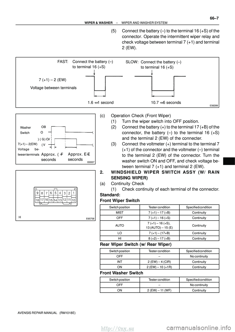 TOYOTA AVENSIS 2003 Service Repair Manual E56399
7 (+1) ± 2 (EW)
Voltage between terminals
10.7 5 seconds
Connect the battery (±)
to terminal 16 (+S)
FAST:
1.6 1 second SLOW:
Connect the battery (±)
to terminal 16 (+S)
\b
TOYOTA AVENSIS 2003 Service Repair Manual E56399
7 (+1) ± 2 (EW)
Voltage between terminals
10.7 5 seconds
Connect the battery (±)
to terminal 16 (+S)
FAST:
1.6 1 second SLOW:
Connect the battery (±)
to terminal 16 (+S)
\b
