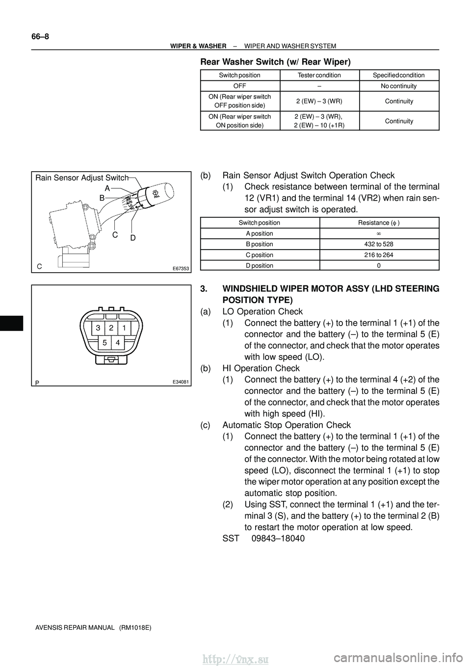 TOYOTA AVENSIS 2003 Service Repair Manual E67353
A
B
C D
Rain Sensor Adjust Switch
E34081
66±8
±
WIPER & WASHER WIPER AND WASHER SYSTEM
AVENSIS REPAIR MANUAL (RM1018E)
Rear Washer Switch (w/ Rear Wiper)
Switch positionTester conditionSpec TOYOTA AVENSIS 2003 Service Repair Manual E67353
A
B
C D
Rain Sensor Adjust Switch
E34081
66±8
±
WIPER & WASHER WIPER AND WASHER SYSTEM
AVENSIS REPAIR MANUAL (RM1018E)
Rear Washer Switch (w/ Rear Wiper)
Switch positionTester conditionSpec
