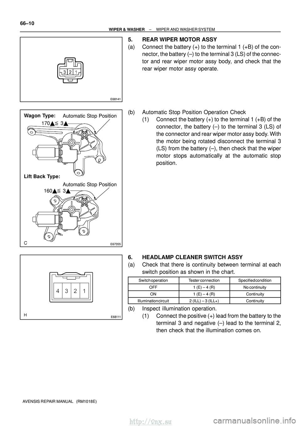 TOYOTA AVENSIS 2003 Service Repair Manual E68141
E67355
Wagon Type:Automatic Stop Position
Automatic Stop Position
Lift Back Type: 170
3
160 3
E68111
66±10
±
WIPER & WASHER WIPER AND WASHER SYSTEM
AVENSIS REPAIR MANUAL (RM1018 TOYOTA AVENSIS 2003 Service Repair Manual E68141
E67355
Wagon Type:Automatic Stop Position
Automatic Stop Position
Lift Back Type: 170
3
160 3
E68111
66±10
±
WIPER & WASHER WIPER AND WASHER SYSTEM
AVENSIS REPAIR MANUAL (RM1018