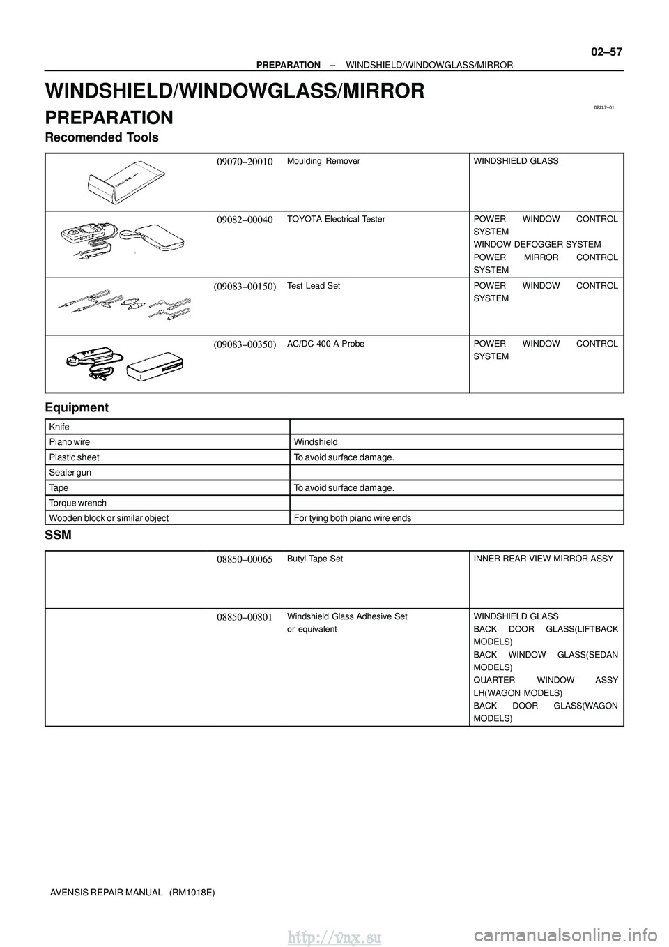 TOYOTA AVENSIS 2003  Service Repair Manual 022L7±01
±
PREPARATION WINDSHIELD/WINDOWGLASS/MIRROR
02±57
AVENSIS REPAIR MANUAL   (RM1018E)
WINDSHIELD/WINDOWGLASS/MIRROR
PREPARATION
Recomended Tools
09070±20010Moulding  RemoverWINDSHIELD GLASS