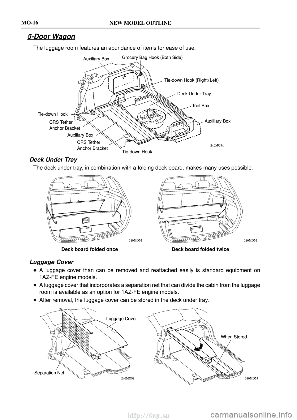 TOYOTA AVENSIS 2003  Service Repair Manual NEW MODEL OUTLINE
\b	
Auxiliary BoxGrocery Bag Hook (Both Side)
Tie-down Hook Auxiliary Box Tie-down Hook Auxiliary Box
Tool Box
Deck Under Tray
Tie-down Hook (Right / Left)
CRS Tether 
Anchor Br