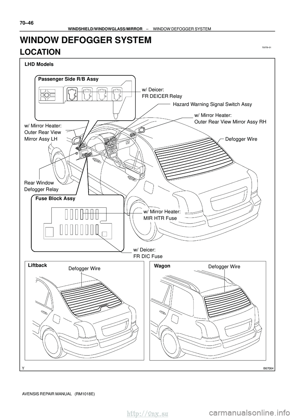 TOYOTA AVENSIS 2003  Service Repair Manual 700TB±01
B67064
LHD ModelsDefogger Wire
Liftback Wagon
Defogger Wire
Defogger Wire
Hazard Warning Signal Switch Assy
w/ Deicer:
FR DEICER Relay
Fuse Block Assy
w/ Deicer:
FR DIC Fuse
w/ Mirror Heater