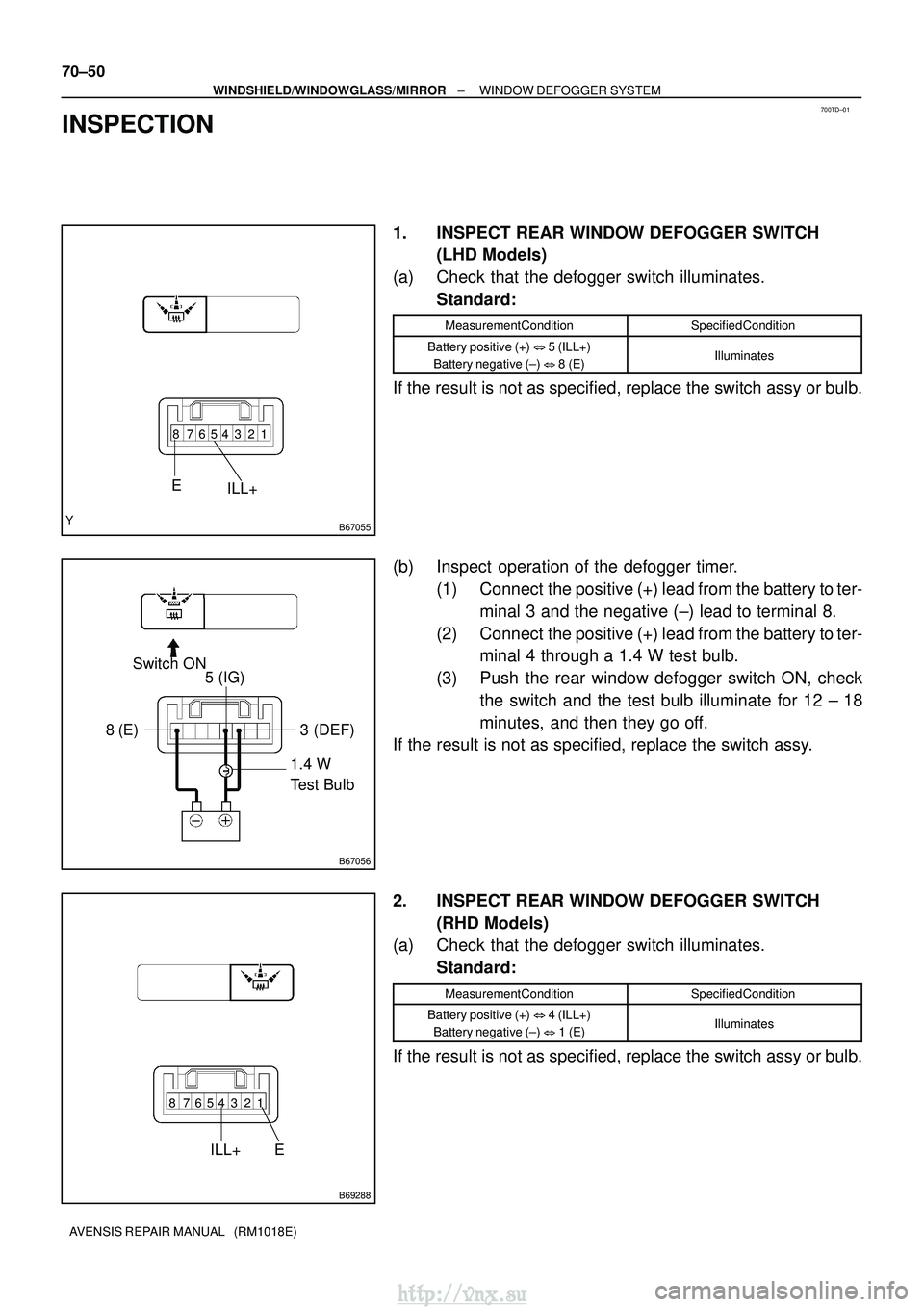 TOYOTA AVENSIS 2003 Service Repair Manual 700TD±01
B67055
12345678
EILL+
B67056
1.4 W
Test Bulb
Switch ON
5 (IG)
8 (E) 3 (DEF)
B69288
12345678
EILL+
70±50
±
WINDSHIELD/WINDOWGLASS/MIRROR WINDOW DEFOGGER SYSTEM
AVENSIS REPAIR MANUAL (RM TOYOTA AVENSIS 2003 Service Repair Manual 700TD±01
B67055
12345678
EILL+
B67056
1.4 W
Test Bulb
Switch ON
5 (IG)
8 (E) 3 (DEF)
B69288
12345678
EILL+
70±50
±
WINDSHIELD/WINDOWGLASS/MIRROR WINDOW DEFOGGER SYSTEM
AVENSIS REPAIR MANUAL (RM