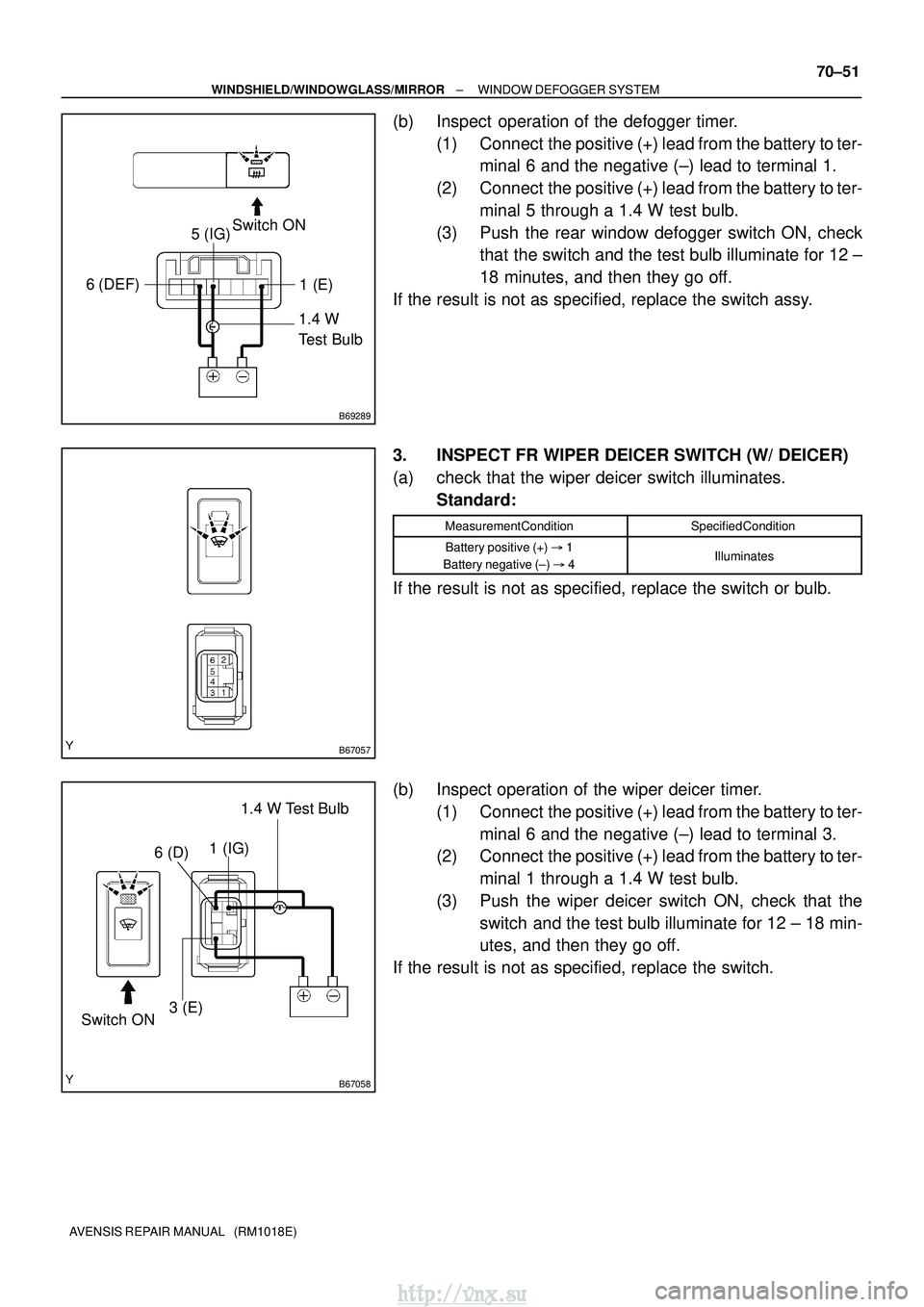 TOYOTA AVENSIS 2003 Service Repair Manual B69289
1.4 W
Test Bulb
Switch ON
5 (IG)
6 (DEF) 1 (E)
B67057
B67058
1.4 W Test Bulb
Switch ON 1 (IG)
6 (D)
3 (E)
±
WINDSHIELD/WINDOWGLASS/MIRROR WINDOW DEFOGGER SYSTEM
70±51
AVENSIS REPAIR MANUAL TOYOTA AVENSIS 2003 Service Repair Manual B69289
1.4 W
Test Bulb
Switch ON
5 (IG)
6 (DEF) 1 (E)
B67057
B67058
1.4 W Test Bulb
Switch ON 1 (IG)
6 (D)
3 (E)
±
WINDSHIELD/WINDOWGLASS/MIRROR WINDOW DEFOGGER SYSTEM
70±51
AVENSIS REPAIR MANUAL