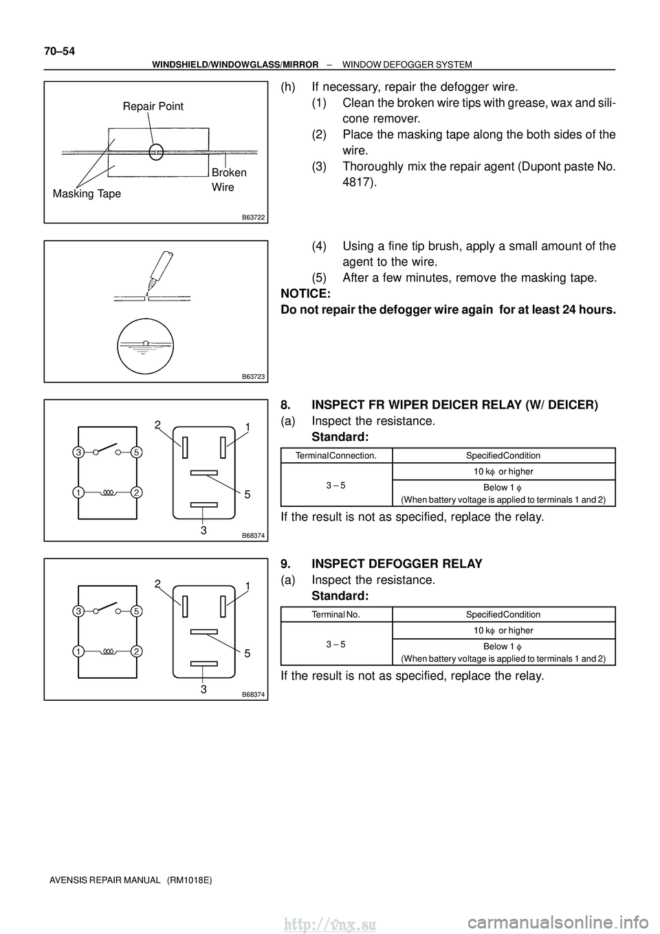 TOYOTA AVENSIS 2003 Service Repair Manual B63722
Repair PointBroken
Wire
Masking Tape
B63723
B68374
1
2
35
B68374
1
2
35
70±54
±
WINDSHIELD/WINDOWGLASS/MIRROR WINDOW DEFOGGER SYSTEM
AVENSIS REPAIR MANUAL (RM1018E)
(h) If necessary, repair TOYOTA AVENSIS 2003 Service Repair Manual B63722
Repair PointBroken
Wire
Masking Tape
B63723
B68374
1
2
35
B68374
1
2
35
70±54
±
WINDSHIELD/WINDOWGLASS/MIRROR WINDOW DEFOGGER SYSTEM
AVENSIS REPAIR MANUAL (RM1018E)
(h) If necessary, repair