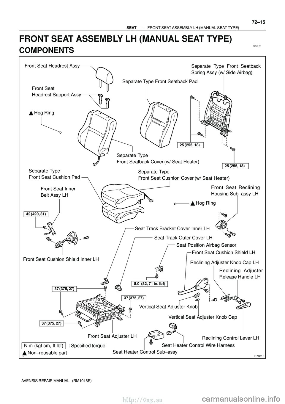 TOYOTA AVENSIS 2003 Service Repair Manual 720J7±01
B70318
Front Seat Headrest AssyVertical Seat Adjuster KnobReclining Adjuster
Release Handle LH
Front Seat Cushion Shield LH
Front Seat Inner
Belt Assy LH
Front Seat Cushion Shield Inner LH TOYOTA AVENSIS 2003 Service Repair Manual 720J7±01
B70318
Front Seat Headrest AssyVertical Seat Adjuster KnobReclining Adjuster
Release Handle LH
Front Seat Cushion Shield LH
Front Seat Inner
Belt Assy LH
Front Seat Cushion Shield Inner LH