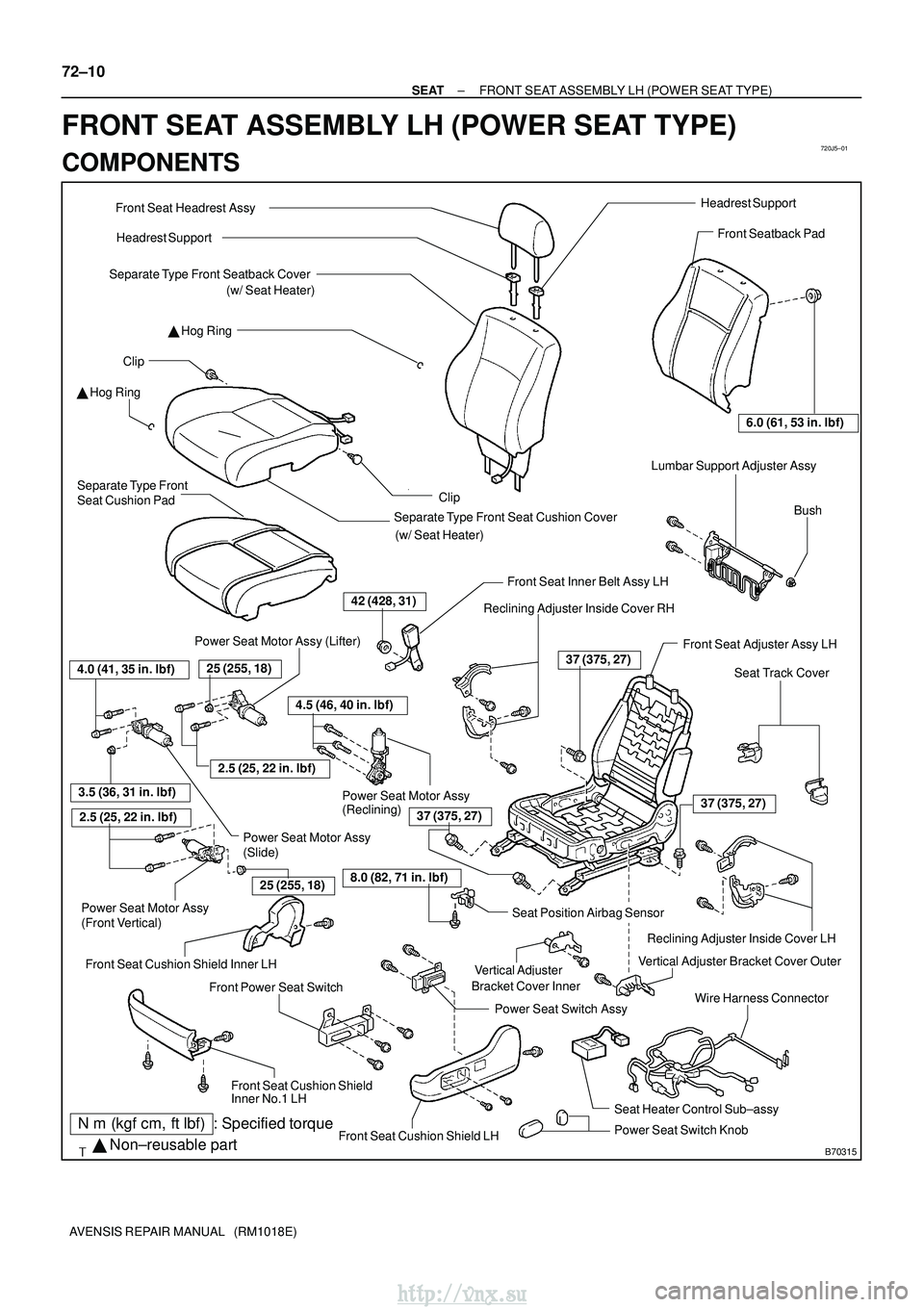 TOYOTA AVENSIS 2003 Service Repair Manual 720J5±01
B70315
Headrest Support
Power Seat Switch Assy
Power Seat Switch Knob
Front Seat Inner Belt Assy LH
Front Seat Headrest Assy
Hog Ring
Separate Type Front Seatback Cover
Hog Ring
Front S TOYOTA AVENSIS 2003 Service Repair Manual 720J5±01
B70315
Headrest Support
Power Seat Switch Assy
Power Seat Switch Knob
Front Seat Inner Belt Assy LH
Front Seat Headrest Assy
Hog Ring
Separate Type Front Seatback Cover
Hog Ring
Front S