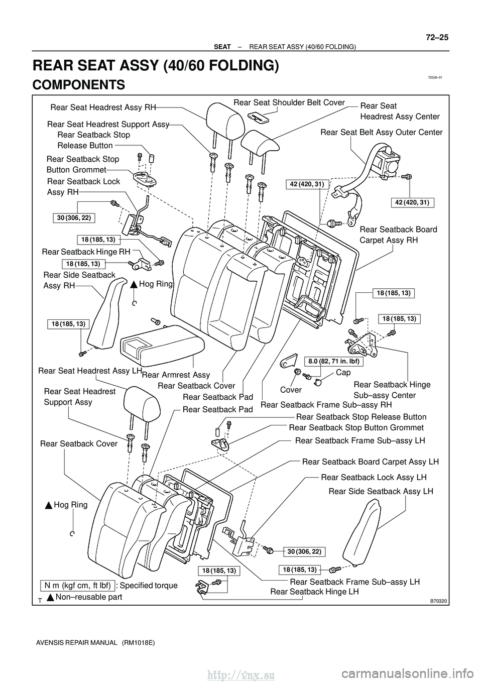 TOYOTA AVENSIS 2003 Service Repair Manual 720J9±01
B70320
Rear Seat Headrest Assy RHRear Seat
Headrest Assy Center
Hog Ring
Nm (kgf cm, ftlbf) : Specified torque
Non±reusable part
Rear Seat Headrest Support Assy
Hog Ring
Rear Sea TOYOTA AVENSIS 2003 Service Repair Manual 720J9±01
B70320
Rear Seat Headrest Assy RHRear Seat
Headrest Assy Center
Hog Ring
Nm (kgf cm, ftlbf) : Specified torque
Non±reusable part
Rear Seat Headrest Support Assy
Hog Ring
Rear Sea