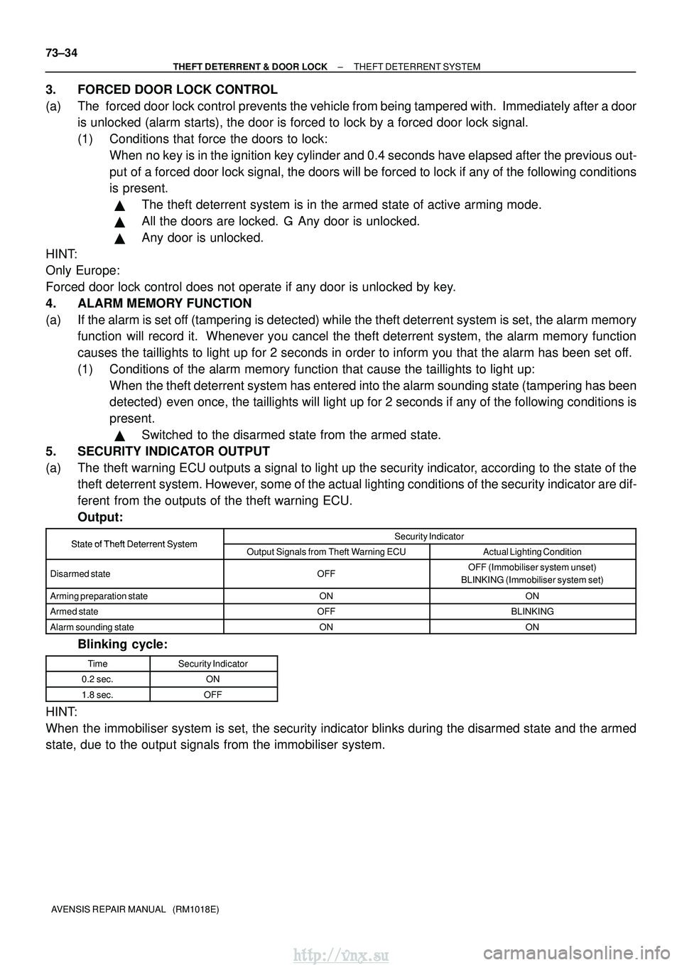 TOYOTA AVENSIS 2003 Service Repair Manual 73±34
±
THEFT DETERRENT & DOOR LOCK THEFT DETERRENT SYSTEM
AVENSIS REPAIR MANUAL (RM1018E)
3. FORCED DOOR LOCK CONTROL
(a) The forced door lock control prevents the vehicle from being tampered wi TOYOTA AVENSIS 2003 Service Repair Manual 73±34
±
THEFT DETERRENT & DOOR LOCK THEFT DETERRENT SYSTEM
AVENSIS REPAIR MANUAL (RM1018E)
3. FORCED DOOR LOCK CONTROL
(a) The forced door lock control prevents the vehicle from being tampered wi