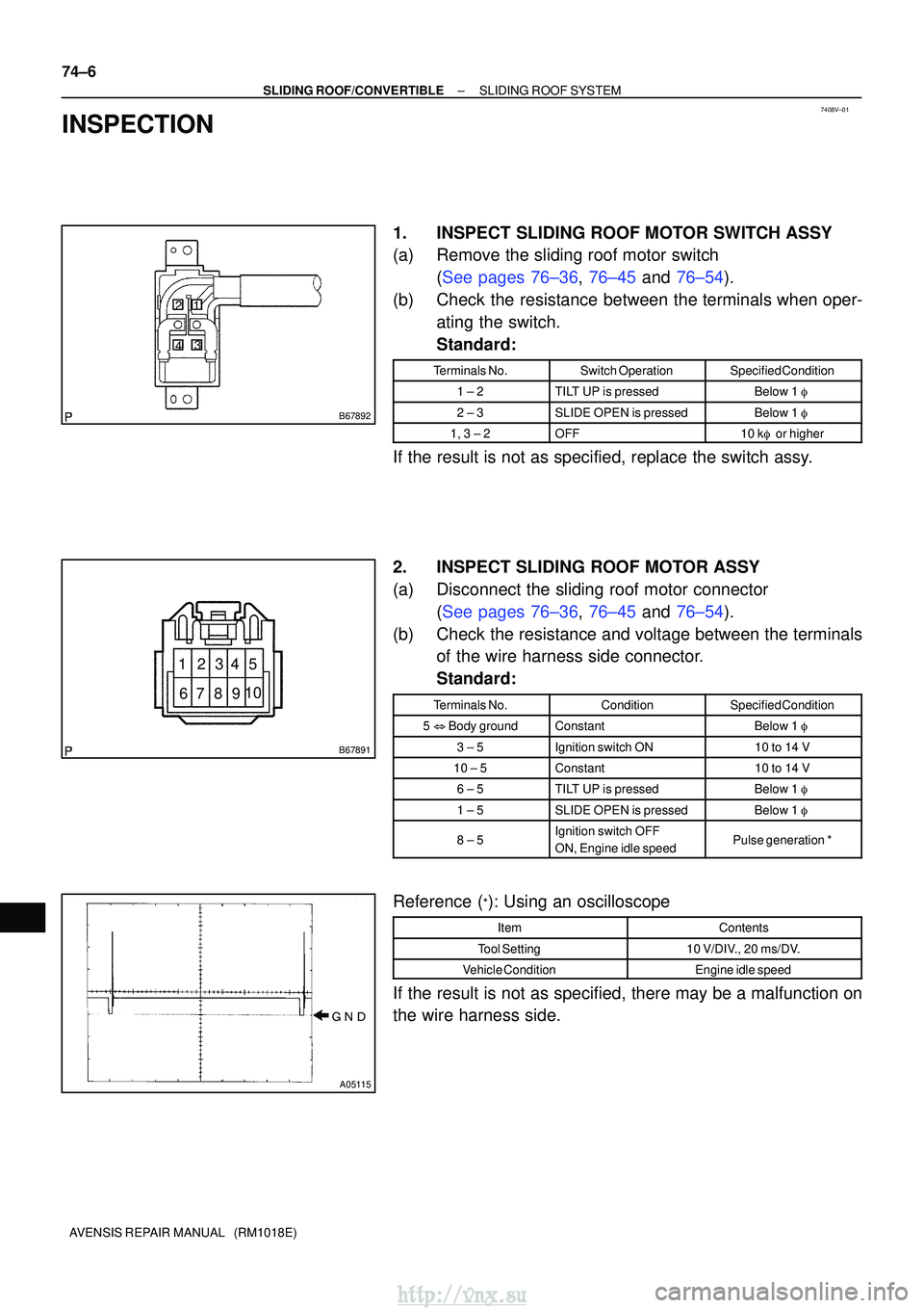 TOYOTA AVENSIS 2003 Service Repair Manual 7408V±01
B67892
1
4 3
2
B67891
10
9876 54321
A05115
74±6
±
SLIDING ROOF/CONVERTIBLESLIDING ROOF SYSTEM
AVENSIS REPAIR MANUAL (RM1018E)
INSPECTION
1.INSPECT SLIDING ROOF MOTOR SWITCH ASSY
(a)R TOYOTA AVENSIS 2003 Service Repair Manual 7408V±01
B67892
1
4 3
2
B67891
10
9876 54321
A05115
74±6
±
SLIDING ROOF/CONVERTIBLESLIDING ROOF SYSTEM
AVENSIS REPAIR MANUAL (RM1018E)
INSPECTION
1.INSPECT SLIDING ROOF MOTOR SWITCH ASSY
(a)R