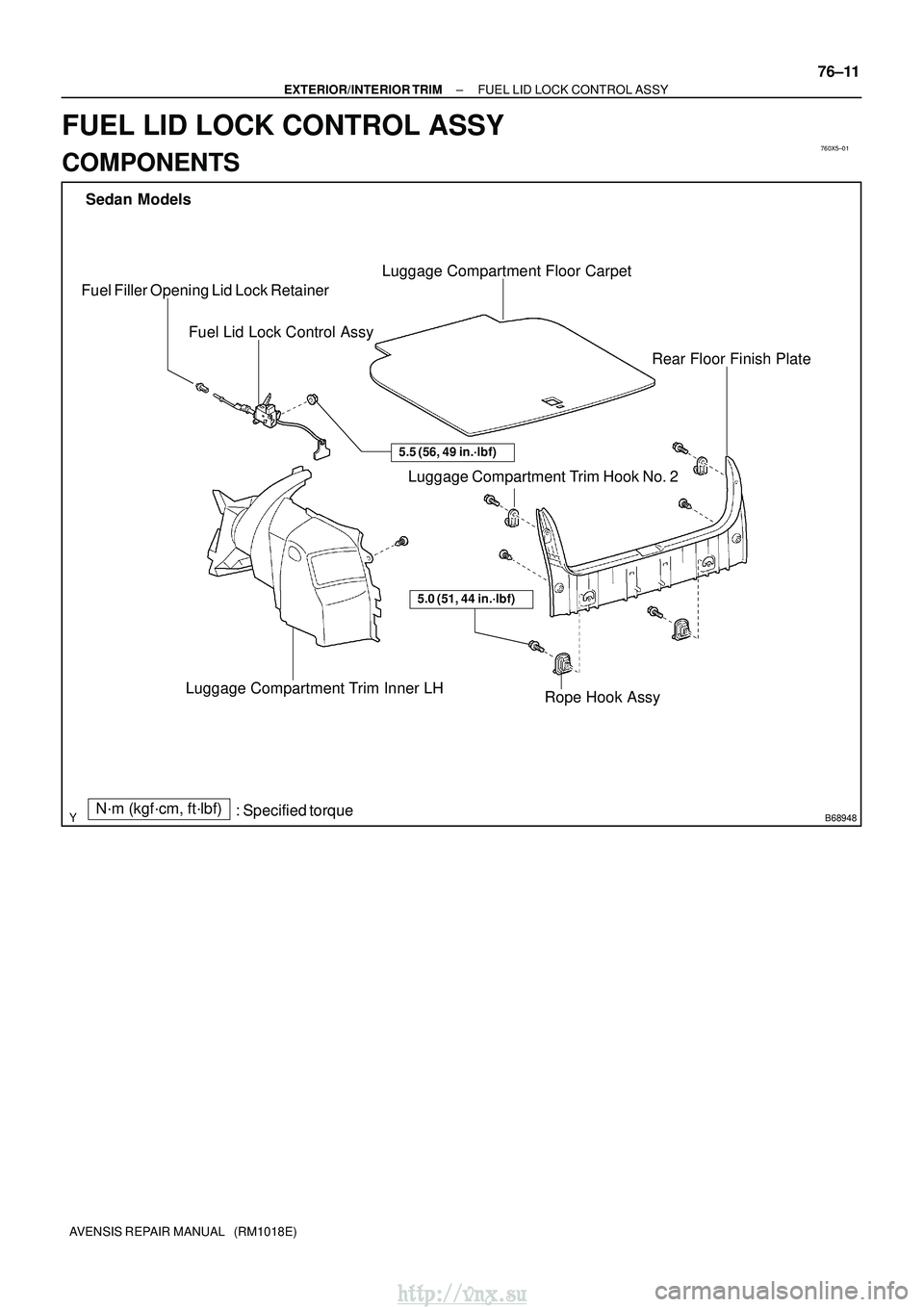 TOYOTA AVENSIS 2003  Service Repair Manual 760X5±01
B68948
Sedan ModelsLuggage Compartment Trim Hook No. 2Rope Hook Assy
Luggage Compartment Floor Carpet
Luggage Compartment Trim Inner LH
5.0 (51, 44 in.´lbf)
: Specified torqueN´m (kgf´cm,