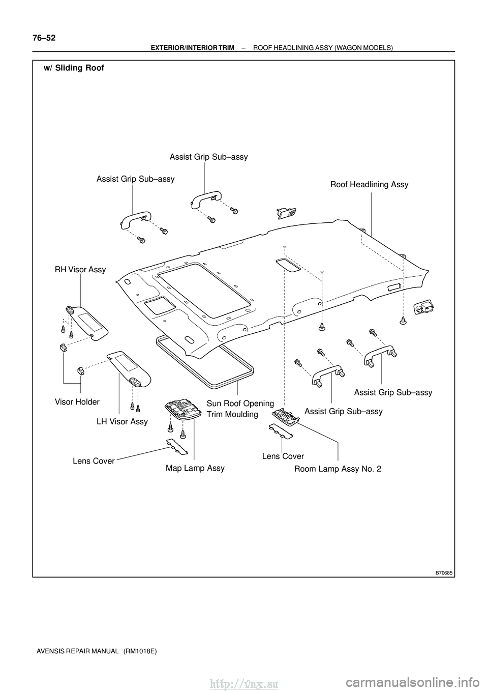 TOYOTA AVENSIS 2003  Service Repair Manual B70685
LH Visor Assy
Visor Holder
w/ Sliding Roof
Roof Headlining Assy
RH Visor Assy
Map Lamp AssyRoom Lamp Assy No. 2Lens Cover
Assist Grip Sub±assy
Lens Cover
Assist Grip Sub±assy
Assist Grip Sub