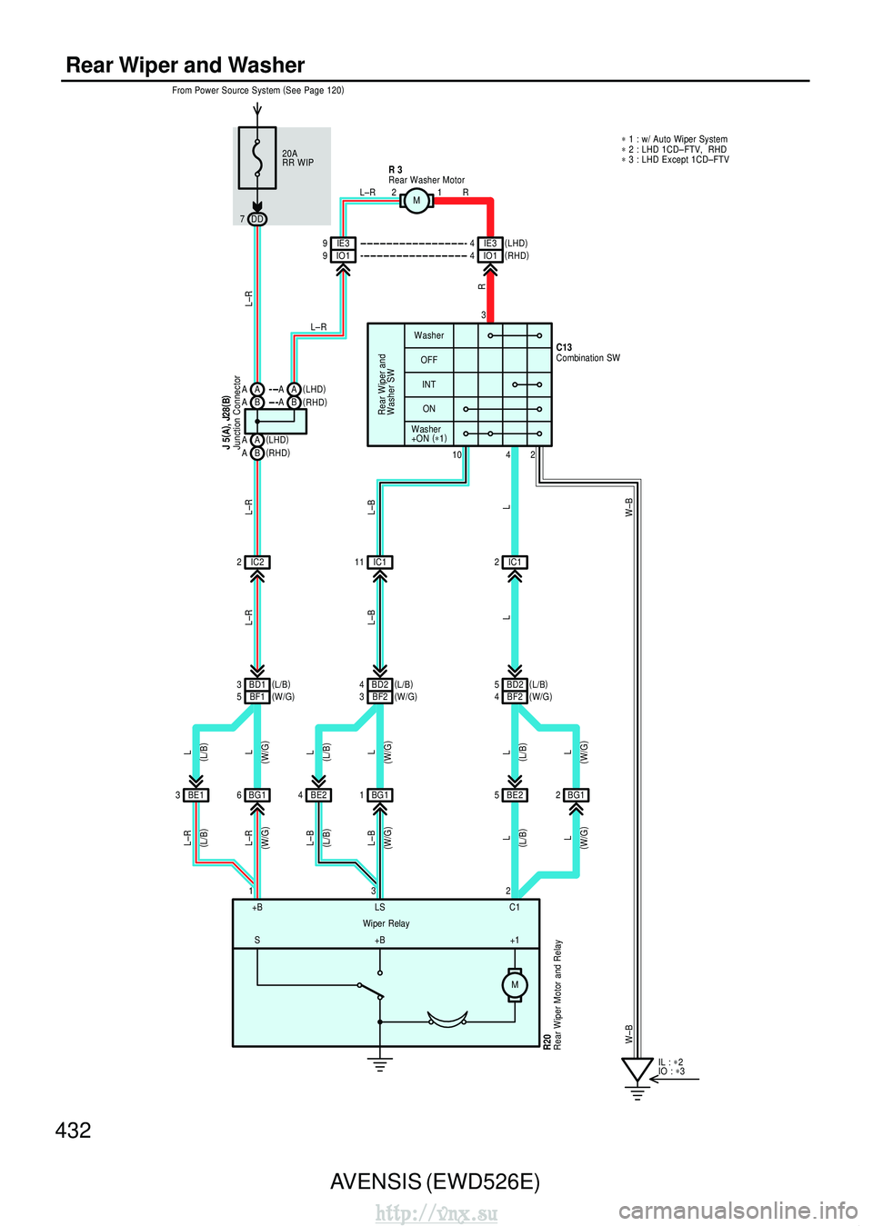 TOYOTA AVENSIS 2003  Service Repair Manual 432AVENSIS (EWD526E)
Rear Wiper and Washer
20A
RR WIP
From Power Source System 
(
See Page 120 )
DD
7
IC2
2 Washer
OFFINT
Rear Wiper and
Washer SWON
Washer
+ON  (
∗ 1 )
3
10
4 2
C13
BD1
3
BF1
5
BG1
