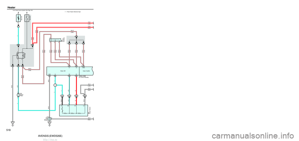 TOYOTA AVENSIS 2003 Service Repair Manual 518AVENSIS (EWD526E)
Heater
HRIN
10A HTR
3
5
2
1
4
HTR Relay
CCC
A1 3 (
A )
, A14 (
B )A/C Control Assembly Heater Amplifier
40A HTR
From Power Source System
(
See Page 120 )
DF
4DF 2D A
34
DP
2D C
6 TOYOTA AVENSIS 2003 Service Repair Manual 518AVENSIS (EWD526E)
Heater
HRIN
10A HTR
3
5
2
1
4
HTR Relay
CCC
A1 3 (
A )
, A14 (
B )A/C Control Assembly Heater Amplifier
40A HTR
From Power Source System
(
See Page 120 )
DF
4DF 2D A
34
DP
2D C
6