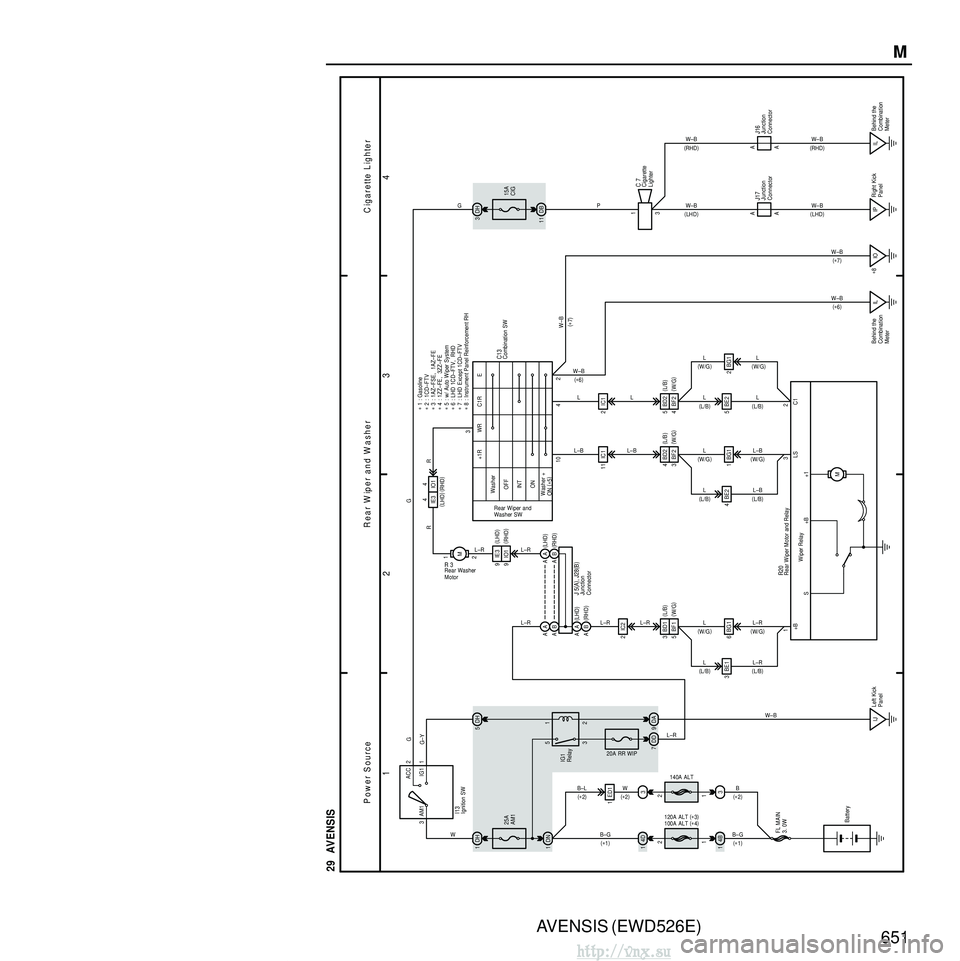TOYOTA AVENSIS 2003 Service Repair Manual AVENSIS (EWD526E)651M
3
4
2
1
∗
1 : Gasoline
∗ 2 : 1CD–FTV
C igarette Lighter
Pow er Source R ear W iper and W asher
29 AVENSIS
3 ACC
IG1
AM1 2
1
1DH 25A
AM1
DN
1 DH
5
DD
7 2IC2
L–R
2 1
M
1 TOYOTA AVENSIS 2003 Service Repair Manual AVENSIS (EWD526E)651M
3
4
2
1
∗
1 : Gasoline
∗ 2 : 1CD–FTV
C igarette Lighter
Pow er Source R ear W iper and W asher
29 AVENSIS
3 ACC
IG1
AM1 2
1
1DH 25A
AM1
DN
1 DH
5
DD
7 2IC2
L–R
2 1
M
1