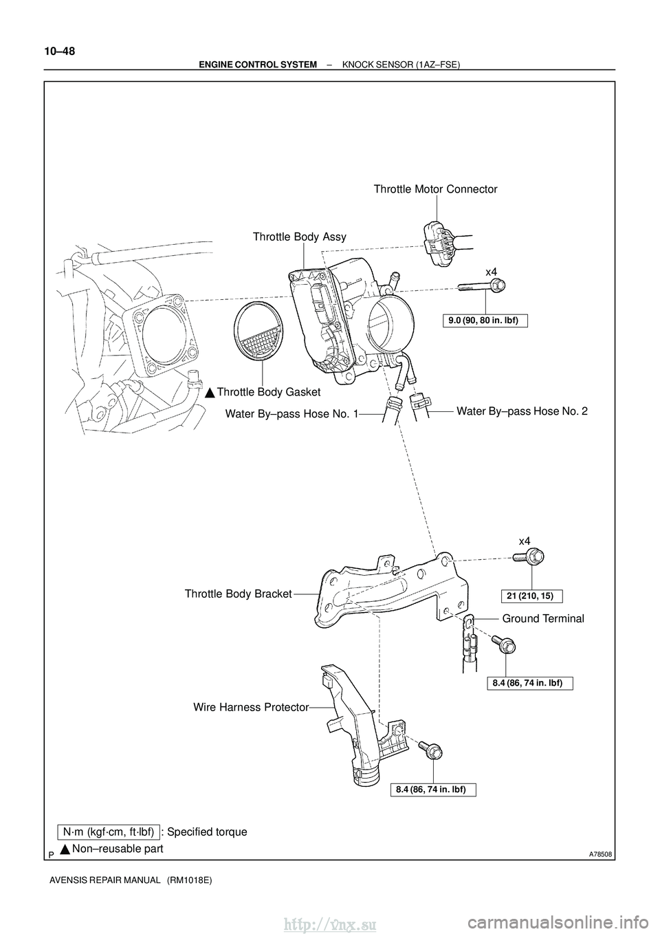 TOYOTA AVENSIS 2003  Service Repair Manual A78508 Non±reusable part
N´m (kgf´cm, ft´lbf) : Specified torque Throttle Body Assy
Throttle Motor Connector
  Throttle Body Gasket
Water By±pass Hose No. 2
Water By±pass Hose No. 1
9.0 (90, 8