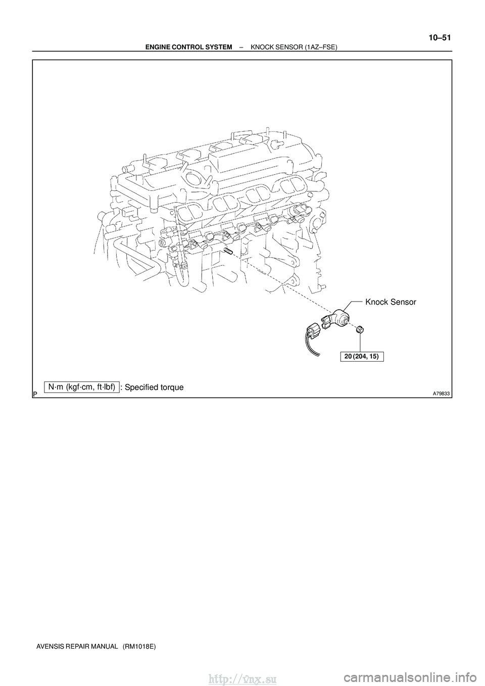 TOYOTA AVENSIS 2003  Service Repair Manual A79833N´m (kgf´cm, ft´lbf): Specified torque Knock Sensor
20 (204, 15)
±
ENGINE CONTROL SYSTEM KNOCK SENSOR (1AZ±FSE)
10±51
AVENSIS REPAIR MANUAL   (RM1018E)
http://vnx.su  