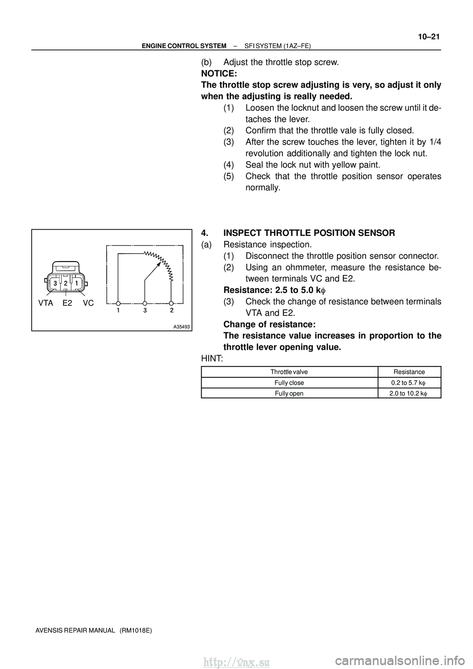 TOYOTA AVENSIS 2003 Service Repair Manual VTA E2 VC
A35493
±
ENGINE CONTROL SYSTEM SFI SYSTEM (1AZ±FE)
10±21
AVENSIS REPAIR MANUAL (RM1018E)
(b) Adjust the throttle stop screw.
NOTICE:
The throttle stop screw adjusting is very, so adjust TOYOTA AVENSIS 2003 Service Repair Manual VTA E2 VC
A35493
±
ENGINE CONTROL SYSTEM SFI SYSTEM (1AZ±FE)
10±21
AVENSIS REPAIR MANUAL (RM1018E)
(b) Adjust the throttle stop screw.
NOTICE:
The throttle stop screw adjusting is very, so adjust