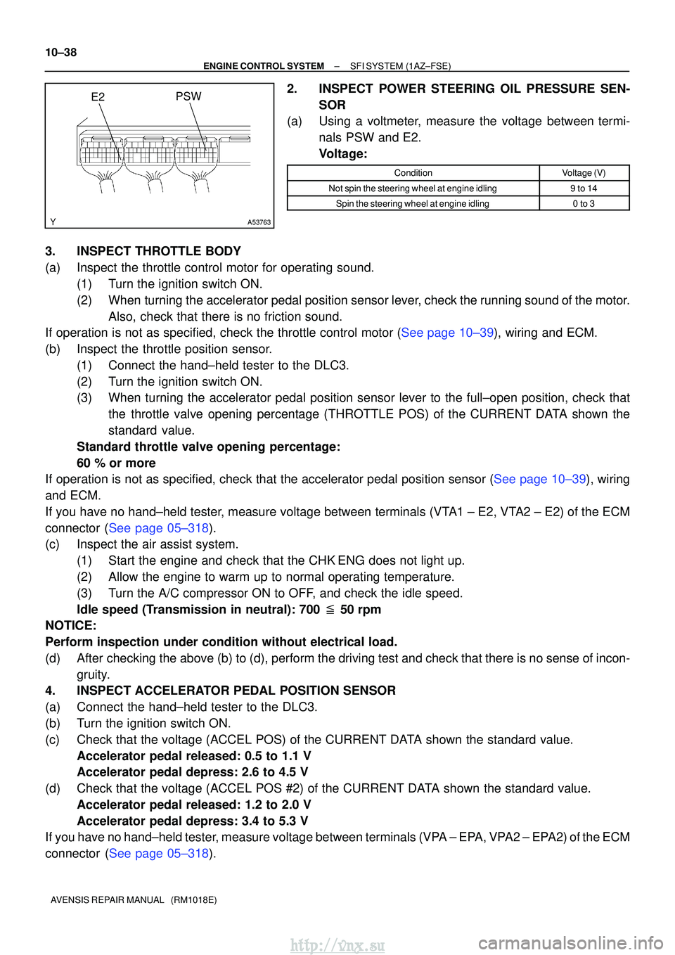 TOYOTA AVENSIS 2003 Service Repair Manual A53763
E2PSW
10±38
±
ENGINE CONTROL SYSTEMSFI SYSTEM(1AZ±FSE)
AVENSIS REPAIR MANUAL (RM1018E)
2.INSPECT POWER STEERING OIL PRESSURE SEN- SOR
(a)Using a voltmeter, measure the voltage between term TOYOTA AVENSIS 2003 Service Repair Manual A53763
E2PSW
10±38
±
ENGINE CONTROL SYSTEMSFI SYSTEM(1AZ±FSE)
AVENSIS REPAIR MANUAL (RM1018E)
2.INSPECT POWER STEERING OIL PRESSURE SEN- SOR
(a)Using a voltmeter, measure the voltage between term