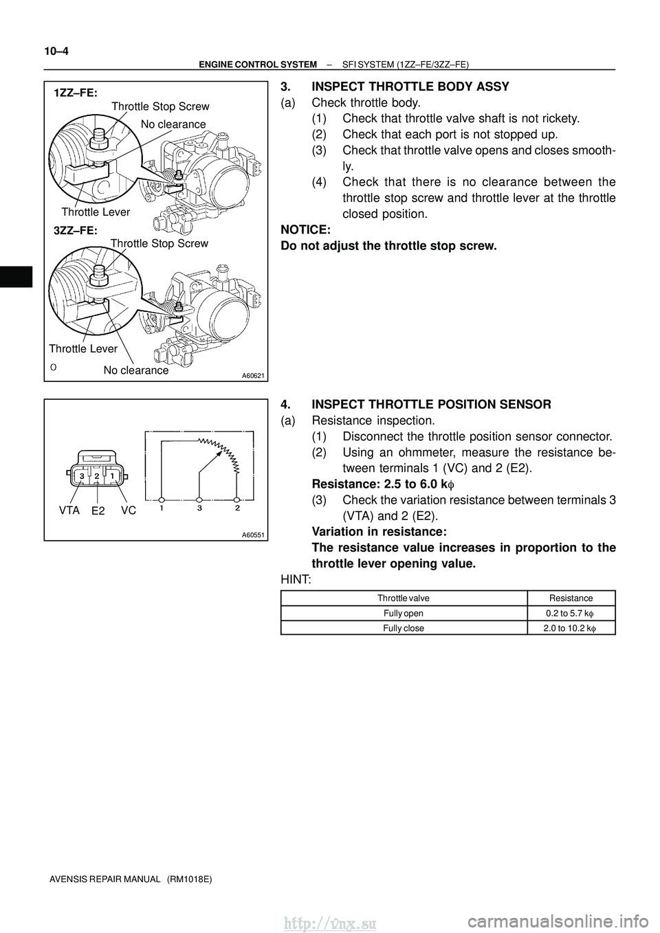 TOYOTA AVENSIS 2003 Service Repair Manual A60621
3ZZ±FE: 1ZZ±FE:Throttle Stop Screw
Throttle Lever
Throttle Stop Screw
Throttle Lever
No clearance
No clearance
A60551
VTA E2VC
10±4
±
ENGINE CONTROL SYSTEM SFI SYSTEM (1ZZ±FE/3ZZ±FE)
AVEN TOYOTA AVENSIS 2003 Service Repair Manual A60621
3ZZ±FE: 1ZZ±FE:Throttle Stop Screw
Throttle Lever
Throttle Stop Screw
Throttle Lever
No clearance
No clearance
A60551
VTA E2VC
10±4
±
ENGINE CONTROL SYSTEM SFI SYSTEM (1ZZ±FE/3ZZ±FE)
AVEN