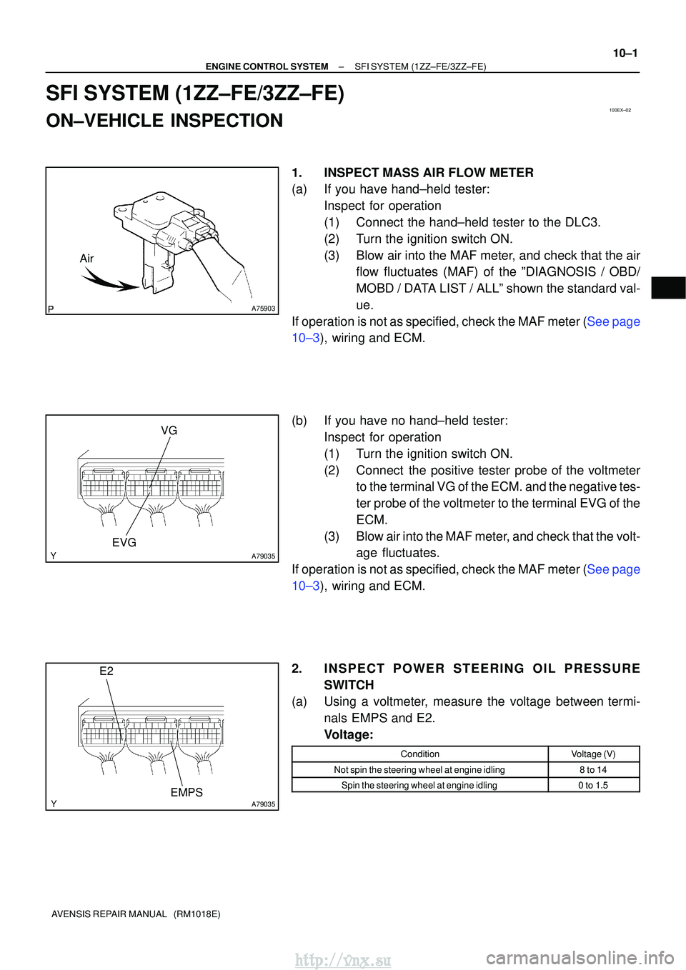 TOYOTA AVENSIS 2003 Service Repair Manual 100EX±02
A75903
Air
A79035
VG
EVG
A79035
E2
EMPS
±
ENGINE CONTROL SYSTEMSFI SYSTEM(1ZZ±FE/3ZZ±FE)
10±1
AVENSIS REPAIR MANUAL (RM1018E)
SFI SYSTEM(1ZZ±FE/3ZZ±FE)
ON±VEHICLE INSPECTION
1.INSPE TOYOTA AVENSIS 2003 Service Repair Manual 100EX±02
A75903
Air
A79035
VG
EVG
A79035
E2
EMPS
±
ENGINE CONTROL SYSTEMSFI SYSTEM(1ZZ±FE/3ZZ±FE)
10±1
AVENSIS REPAIR MANUAL (RM1018E)
SFI SYSTEM(1ZZ±FE/3ZZ±FE)
ON±VEHICLE INSPECTION
1.INSPE
