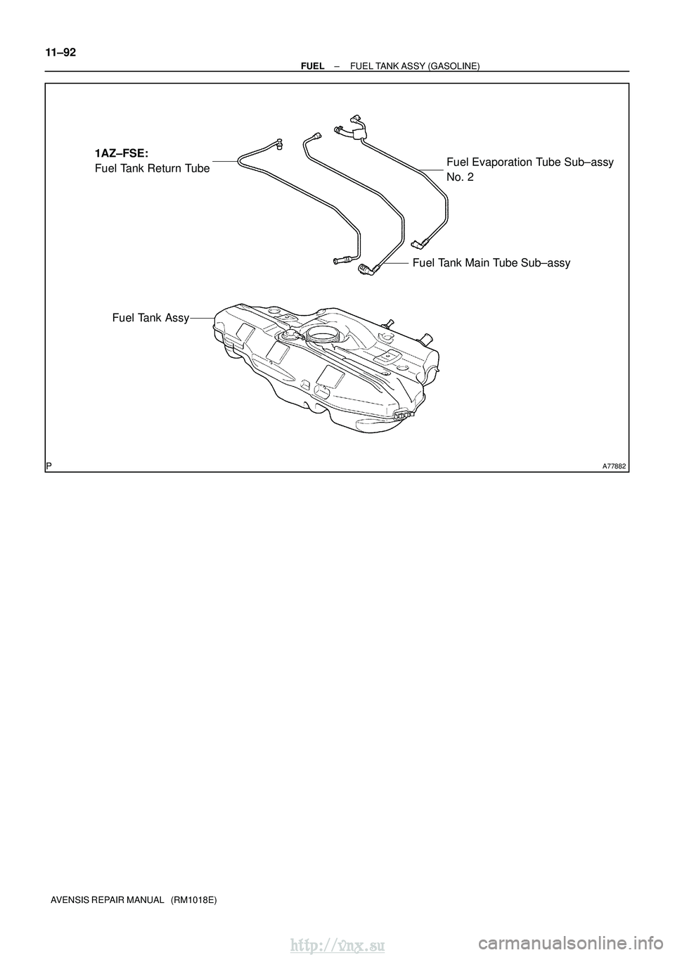 TOYOTA AVENSIS 2003  Service Repair Manual A77882
1AZ±FSE:
Fuel Tank Return TubeFuel Evaporation Tube Sub±assy 
No. 2
Fuel Tank Main Tube Sub±assy
Fuel Tank Assy
11±92
±
FUEL FUEL TANK ASSY (GASOLINE)
AVENSIS REPAIR MANUAL   (RM1018E)
htt