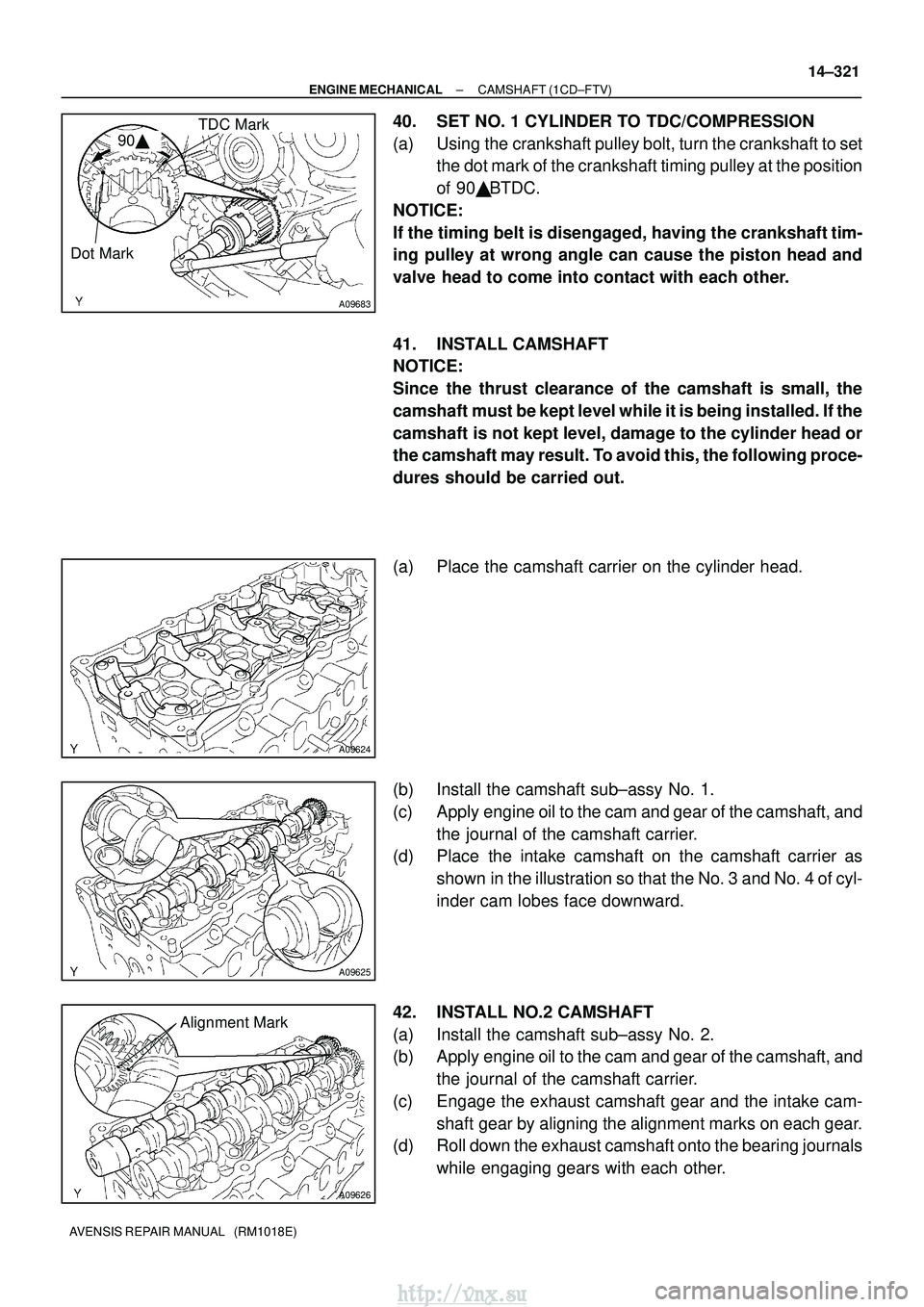 TOYOTA AVENSIS 2003 Service Repair Manual 90
A09683
TDC Mark
Dot Mark
A09624
A09625
A09626
Alignment Mark
±
ENGINE MECHANICAL CAMSHAFT (1CD±FTV)
14±321
AVENSIS REPAIR MANUAL (RM1018E)
40. SET NO. 1 CYLINDER TO TDC/COMPRESSION
(a) Using TOYOTA AVENSIS 2003 Service Repair Manual 90
A09683
TDC Mark
Dot Mark
A09624
A09625
A09626
Alignment Mark
±
ENGINE MECHANICAL CAMSHAFT (1CD±FTV)
14±321
AVENSIS REPAIR MANUAL (RM1018E)
40. SET NO. 1 CYLINDER TO TDC/COMPRESSION
(a) Using
