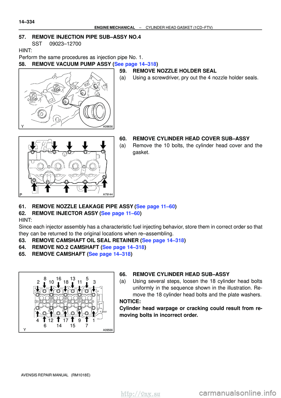 TOYOTA AVENSIS 2003 Service Repair Manual A09656
A79144
A09566
1
234 5
67 89
1011
12 13
1415
16
1718
14±334
±
ENGINE MECHANICALCYLINDER HEAD GASKET(1CD±FTV)
AVENSIS REPAIR MANUAL (RM1018E)
57.REMOVE INJECTION PIPE SUB±ASSY NO.4 SST09023 TOYOTA AVENSIS 2003 Service Repair Manual A09656
A79144
A09566
1
234 5
67 89
1011
12 13
1415
16
1718
14±334
±
ENGINE MECHANICALCYLINDER HEAD GASKET(1CD±FTV)
AVENSIS REPAIR MANUAL (RM1018E)
57.REMOVE INJECTION PIPE SUB±ASSY NO.4 SST09023